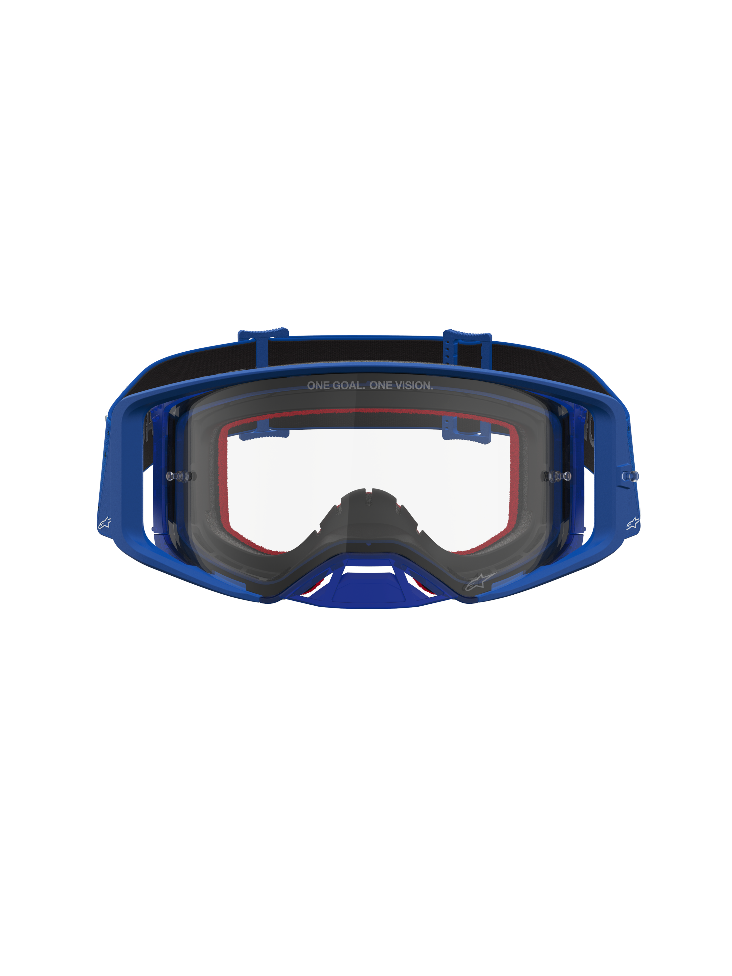 Alpinestars Supertech Vesta veiligheidsbril, motorcrossbril, blauw en wit, heldere lens, vochtregulatie en luchtstroom.