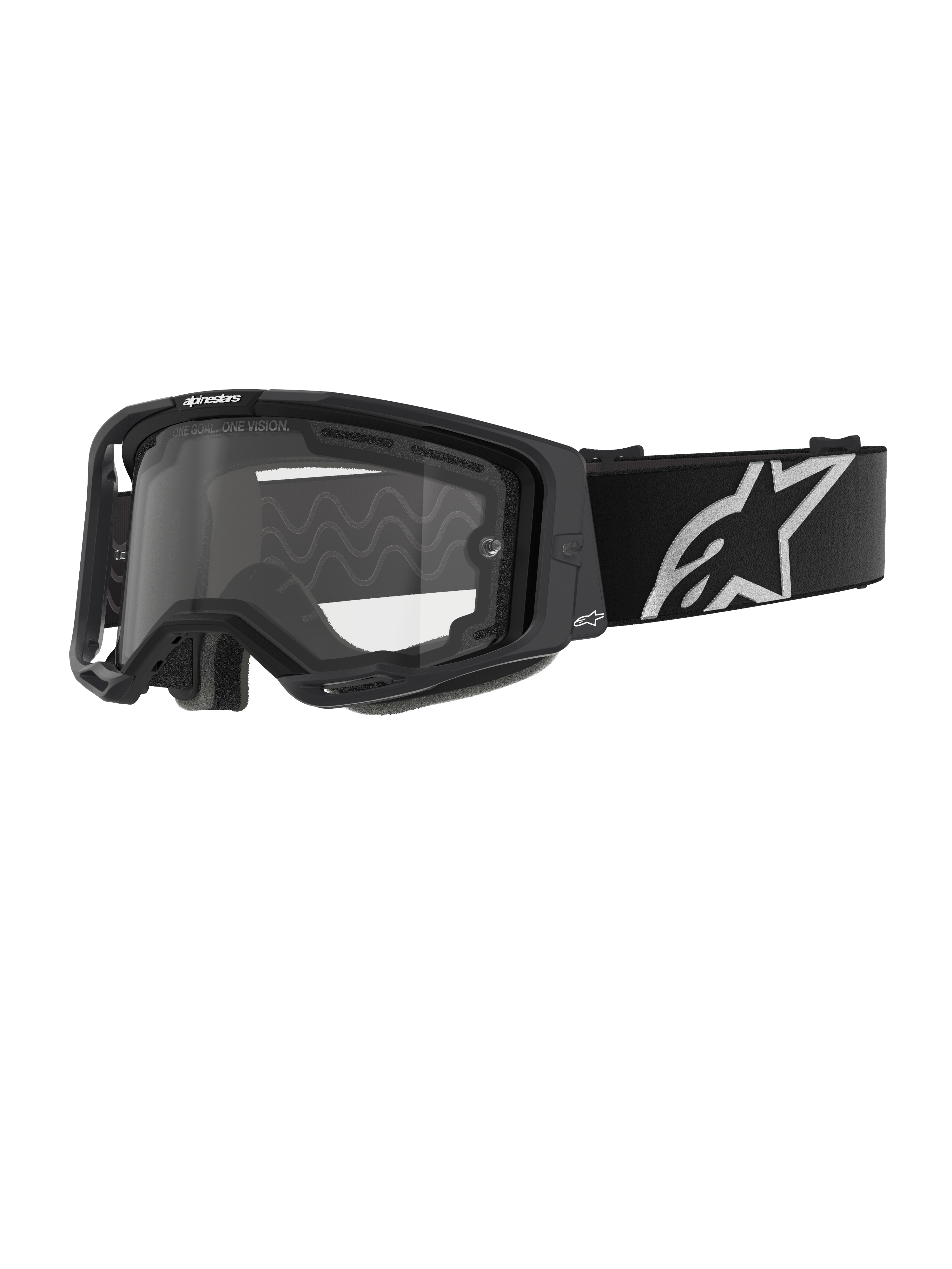 Alpinestars Vision 8 Corp Brille - Doppelscheibe, Motocross-Brille, schwarzer Rahmen mit einer klaren Doppelscheibe, breites schwarzes Brillenband mit markantem weißem Alpinestars-Sternlogo, schlankes Performance-Design mit Belüftungsöffnungen für den Offroad-Rennsport.