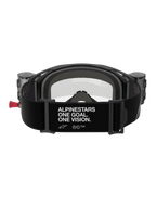Alpinestars Vision 8 Corp Goggles Roll Off, Rückansicht, schwarzes Band mit weißem „ALPINESTARS ONE GOAL. ONE VISION.“ Slogan, integrierte Roll-off-Behälter, klare Linse und Schaumstoffpolsterung für Motocross-Rennen