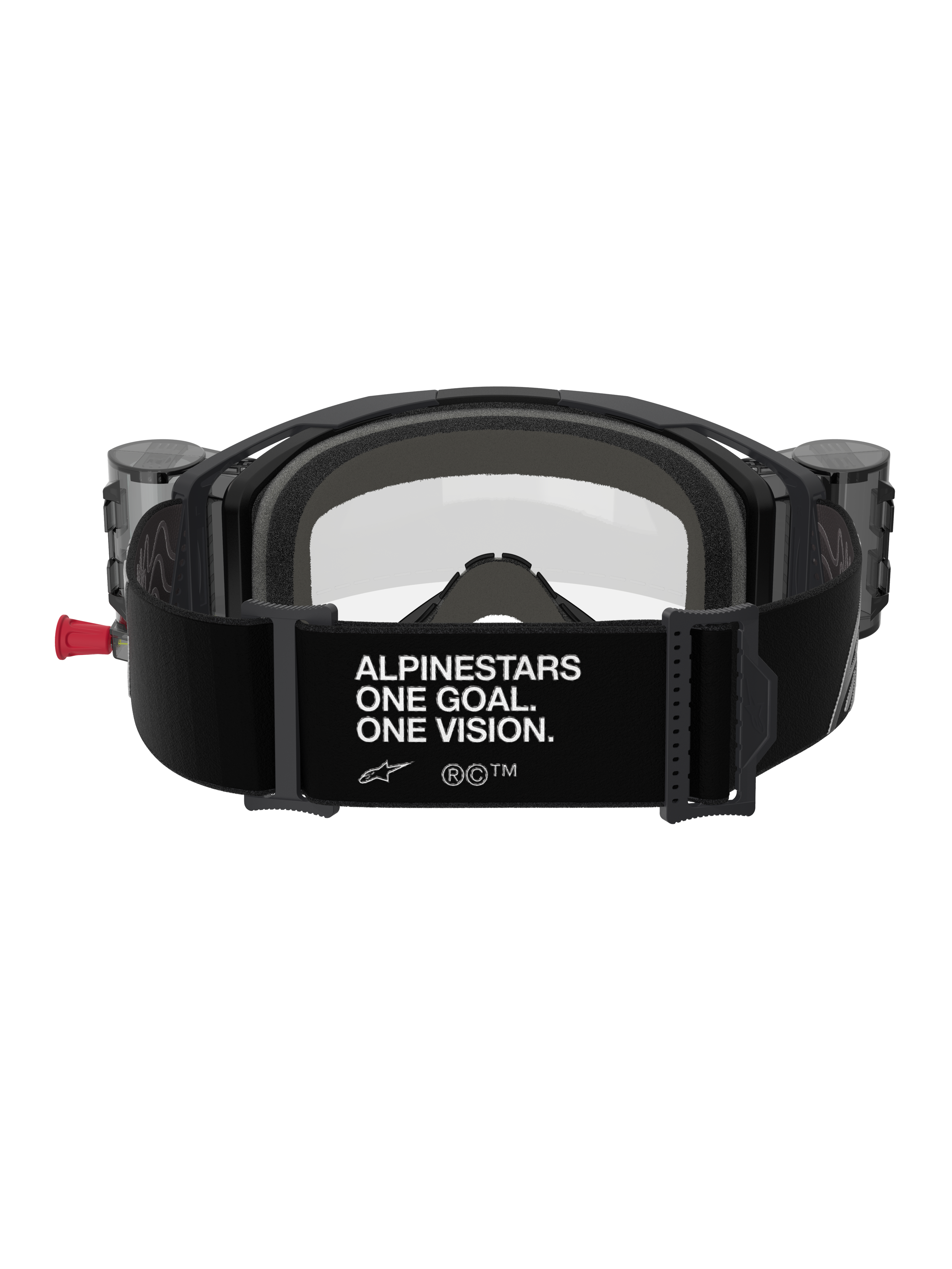 Alpinestars Vision 8 Corp Goggles Roll Off, Rückansicht, schwarzes Band mit weißem „ALPINESTARS ONE GOAL. ONE VISION.“ Slogan, integrierte Roll-off-Behälter, klare Linse und Schaumstoffpolsterung für Motocross-Rennen