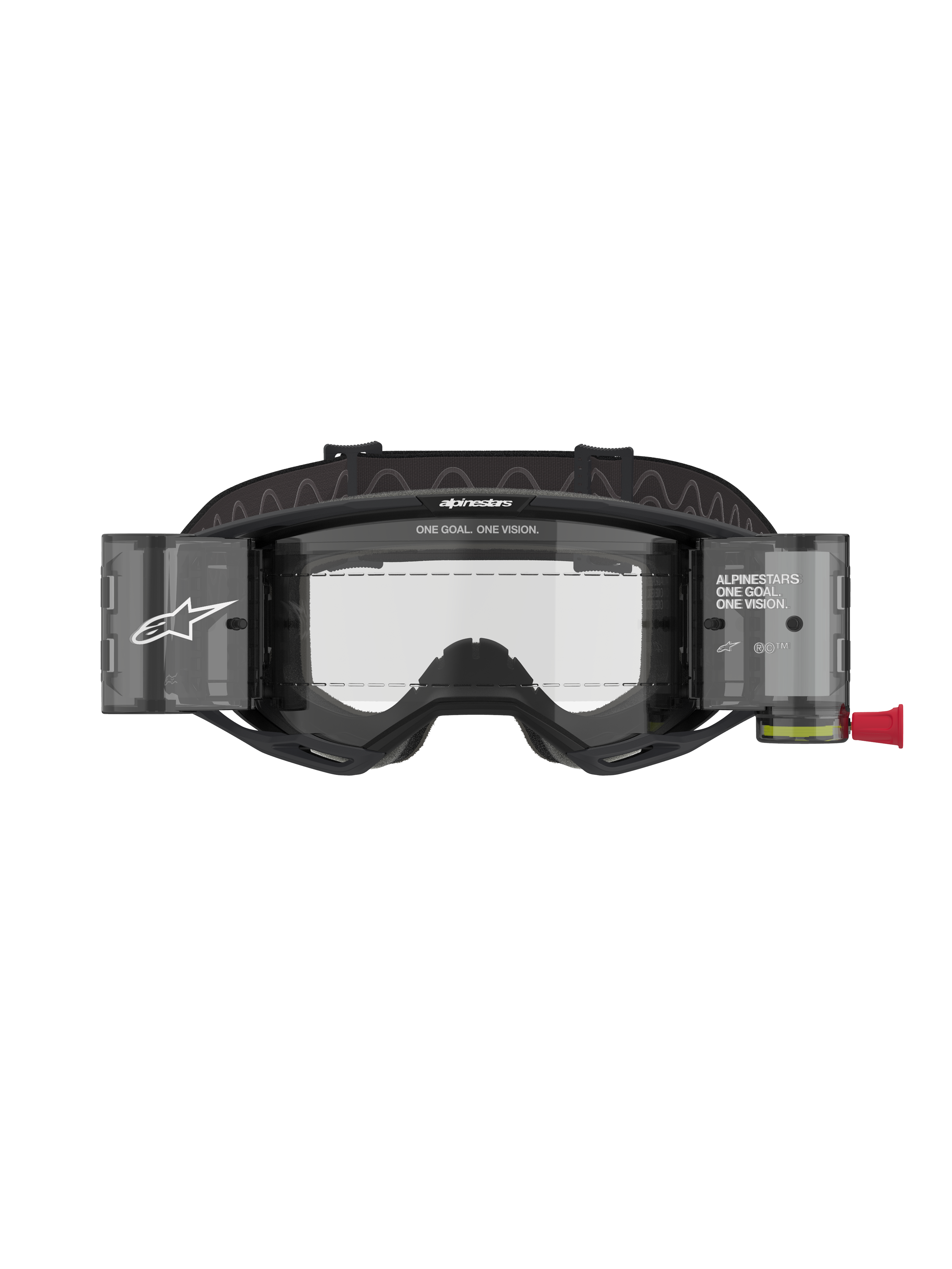 Alpinestars Vision 8 Corp Goggles Roll Off, Motocross-Brille, schwarzer Rahmen mit klarer Linse, integriertes Roll-Off-System mit lichtdurchlässigen Kanistern, breites schwarzes Band mit Branding, professioneller Augenschutz für den Rennsport