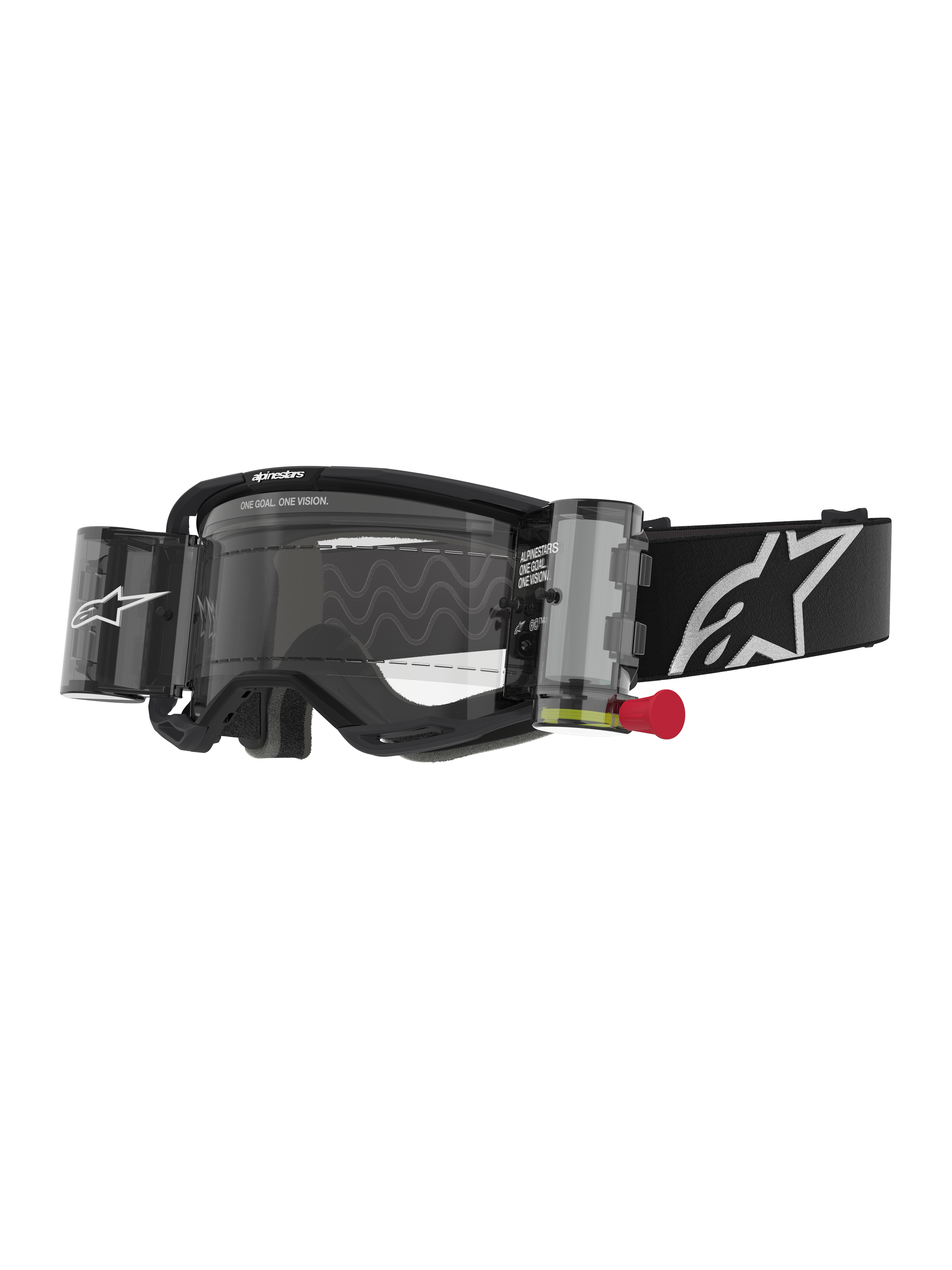 Alpinestars Vision 8 Corp Goggles Roll Off, Motocross-Brille, Schwarz und Klar, integriertes Roll-off-System mit roter Zuglasche, schwarzer Gurt mit weißem Logo, gewelltes Linsenmuster mit 'ONE GOAL. ONE VISION.' Schriftzug, Performance-Augenschutz für den Offroad-Rennsport
