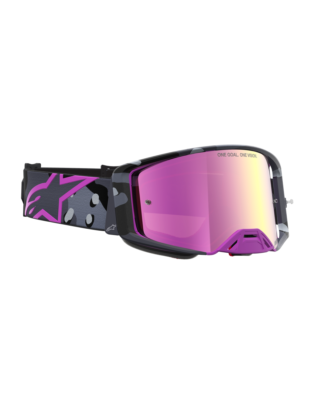 Masque Alpinestars Supertech Lone Édition Limitée, masque de motocross avec écran miroir rose et sangle camouflage violette, vision haute contrasta et ventilation avancée