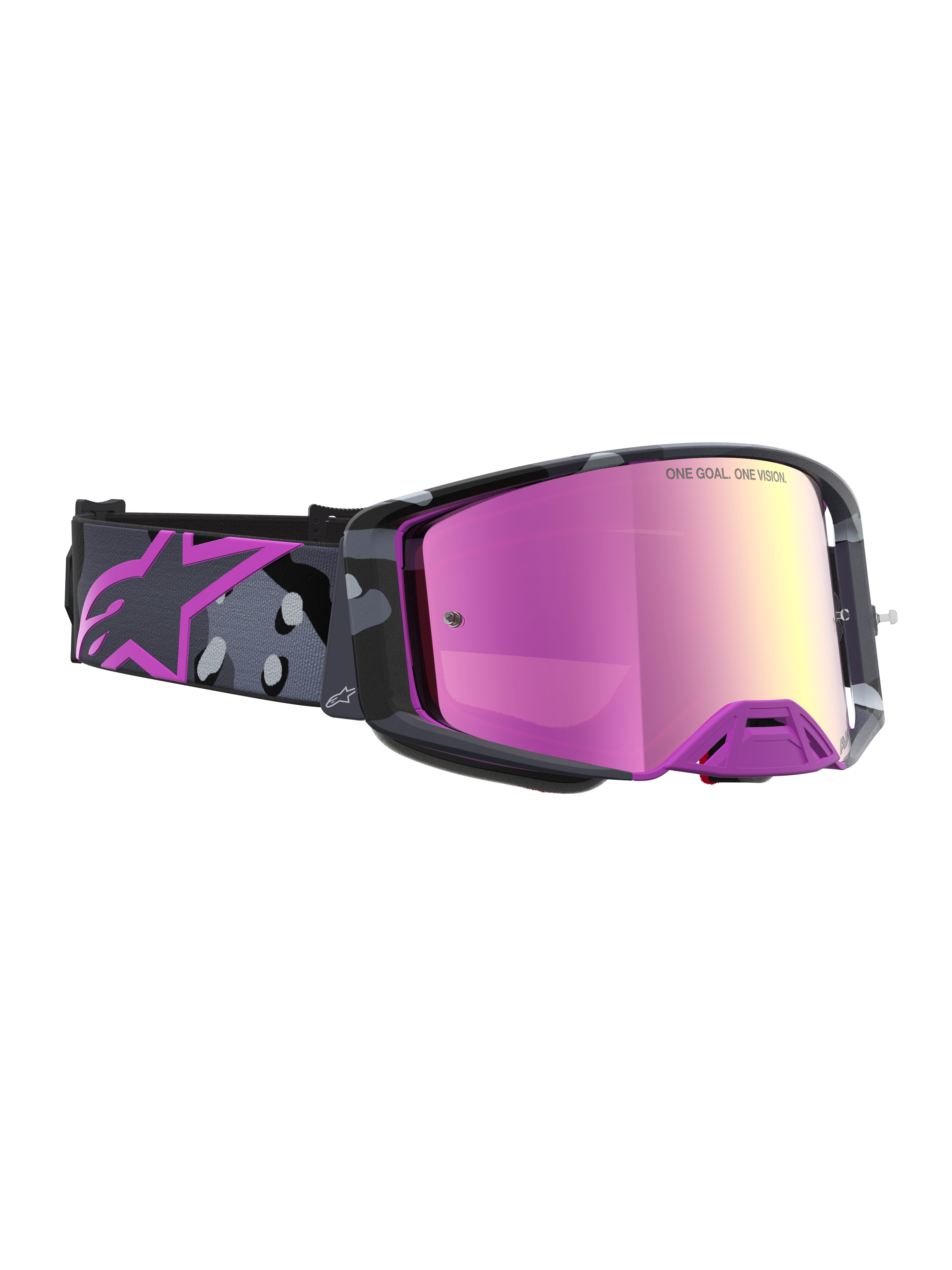 Masque Alpinestars Supertech Lone Édition Limitée, masque de motocross avec écran miroir rose et sangle camouflage violette, vision haute contrasta et ventilation avancée