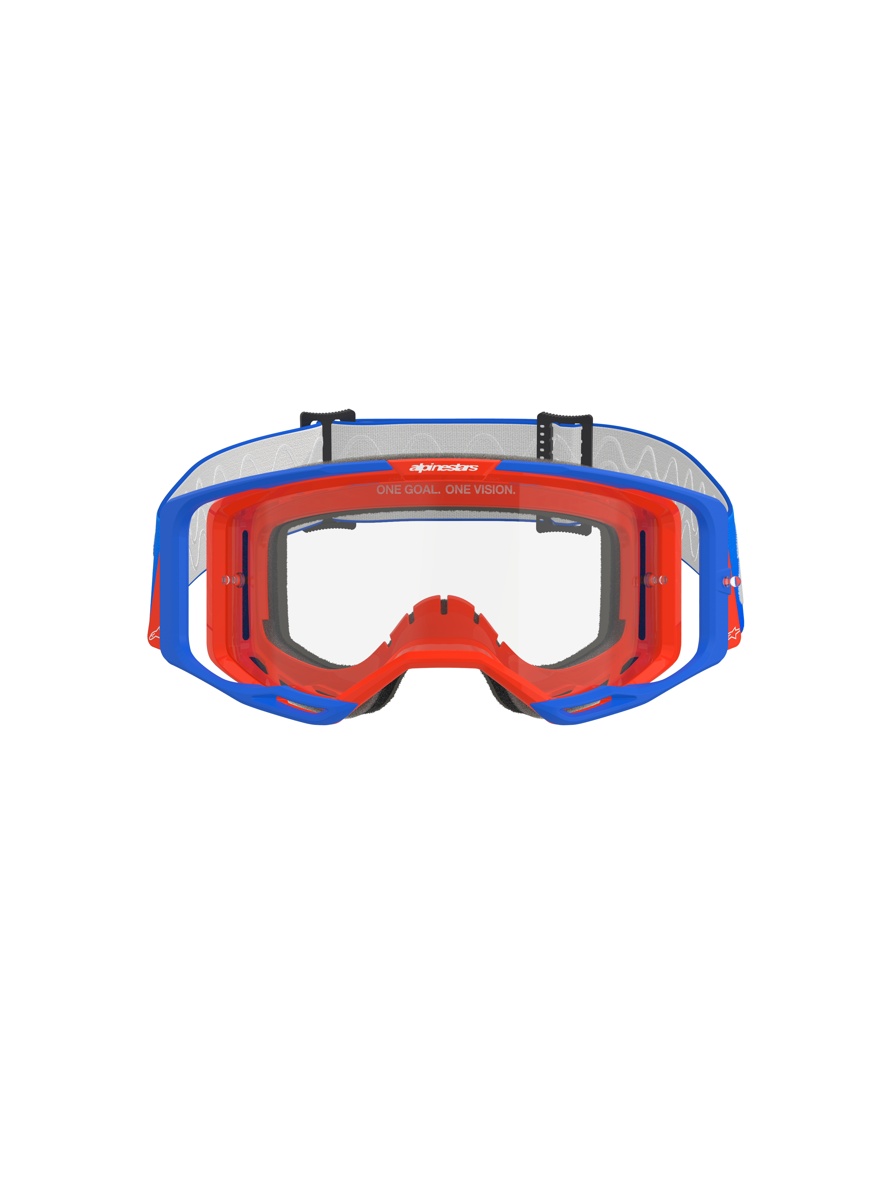 Masque Alpinestars Vision 8 Wordmark, masque de motocross, bleu et orange avec écran clair, vue de face, doté d'une monture flexible bicolore, conception d'écran à large vision périphérique et marquage « One Goal. One Vision. » sur la partie supérieure du cadre intérieur.
