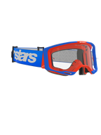 Masque Alpinestars Vision 8 Wordmark, masque de motocross, bleu et orange, écran clair anti-buée, large bandeau bleu avec logo Alpinestars blanc, monture angulaire avec système de stabilisateurs, lunettes de course tout-terrain haute performance