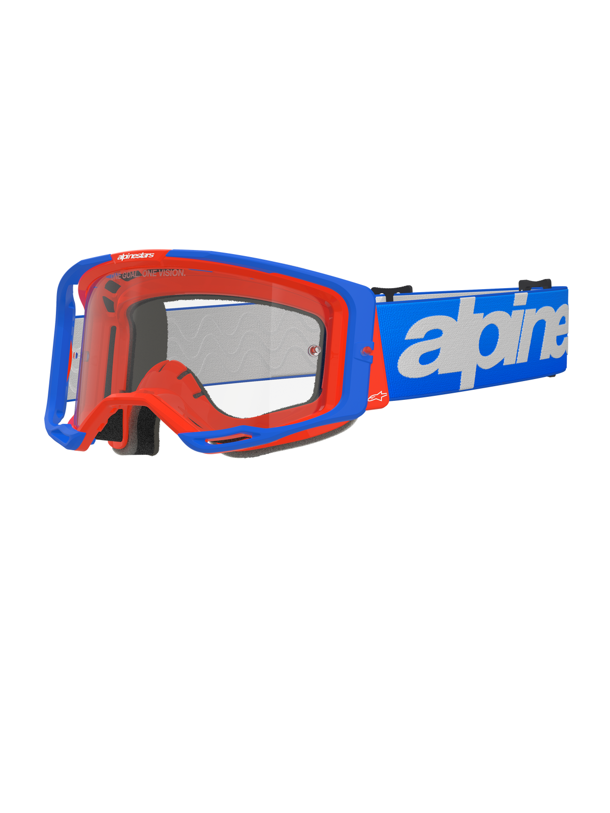 Alpinestars Vision 8 Wordmark Schutzbrille, Motocross-Brille, Blau und Orange, Klares Glas, breites blaues Band mit weißem Alpinestars-Schriftzug, schwarze Schaumstoffpolsterung, sportliches Design mit sichtbaren Belüftungsöffnungen für Offroad-Performance
