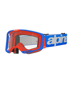 Alpinestars Vision 8 Wordmark, lunettes de motocross, bleu et orange, écran transparent, large sangle bleue avec lettrage Alpinestars blanc, rembourrage en mousse noire, design athlétique avec ports de ventilation visibles pour la performance tout-terrain