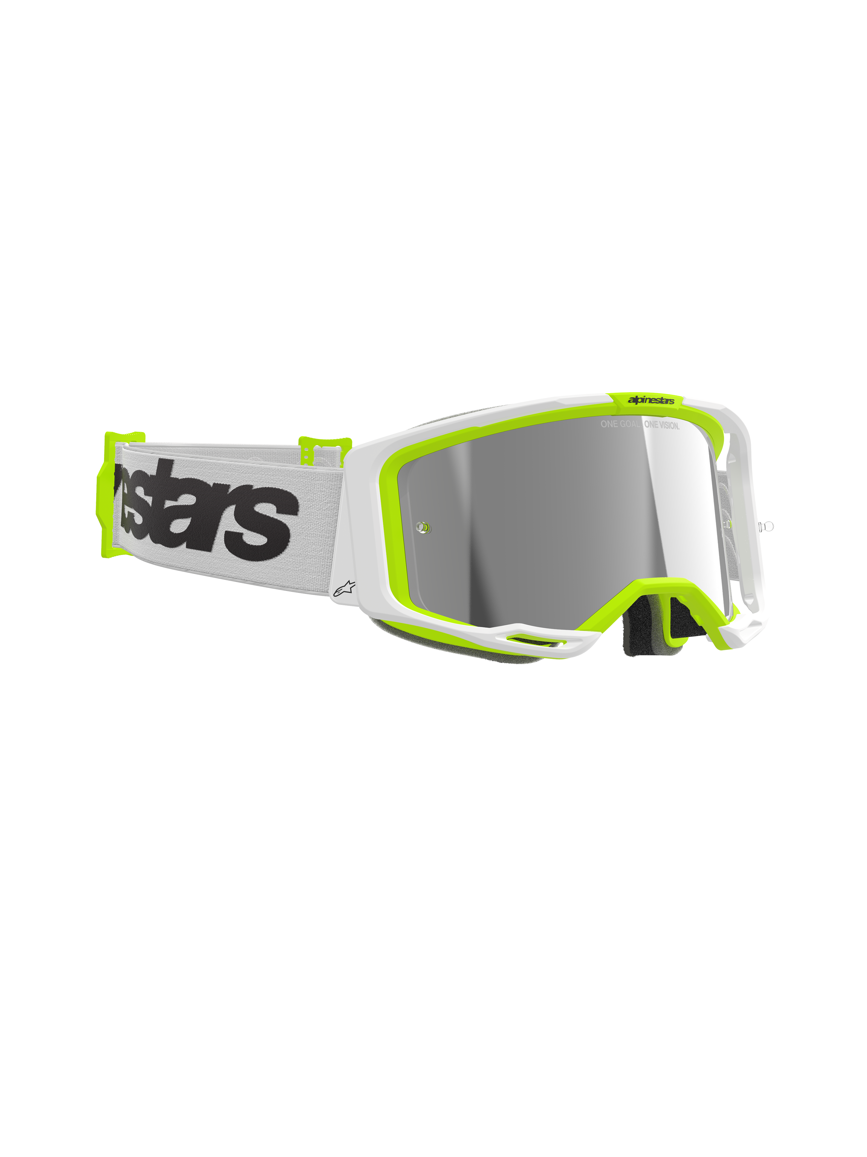 Alpinestars Vision 8 Wordmark Goggles, Motocross Goggles, White and Yellow Fluo frame, Mirror Silver lens, white woven strap with bold black wordmark branding, high-performance eye protection for off-road racing