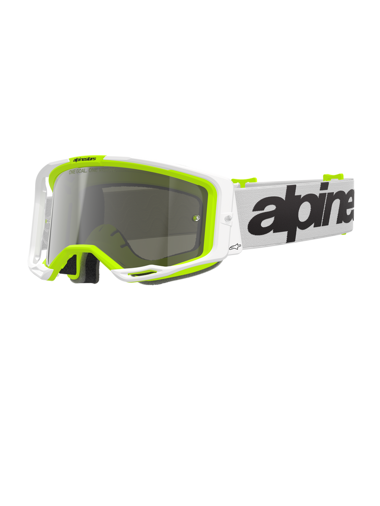 Alpinestars Vision 8 Wordmark Brille, Motocross-Brille, weißer und fluoreszierend gelber Rahmen mit silbern verspiegelter Linse, weißes Band mit markantem schwarzem Branding und A-FLEX-Rahmen für Offroad-Rennleistung.