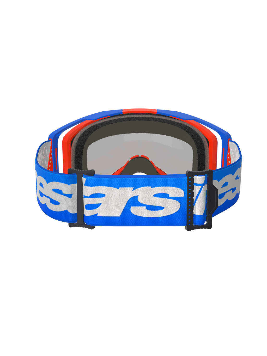 Alpinestars Vision 8 Wordmark Goggles, lunettes de motocross, bleu orange miroir rouge, vue arrière montrant une sangle tissée bleue avec logo Alpinestars blanc, mousse faciale interne moulée en 3D et boucles de réglage noires