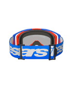 Alpinestars Vision 8 Wordmark Goggles, lunettes de motocross, bleu orange miroir rouge, vue arrière montrant une sangle tissée bleue avec logo Alpinestars blanc, mousse faciale interne moulée en 3D et boucles de réglage noires