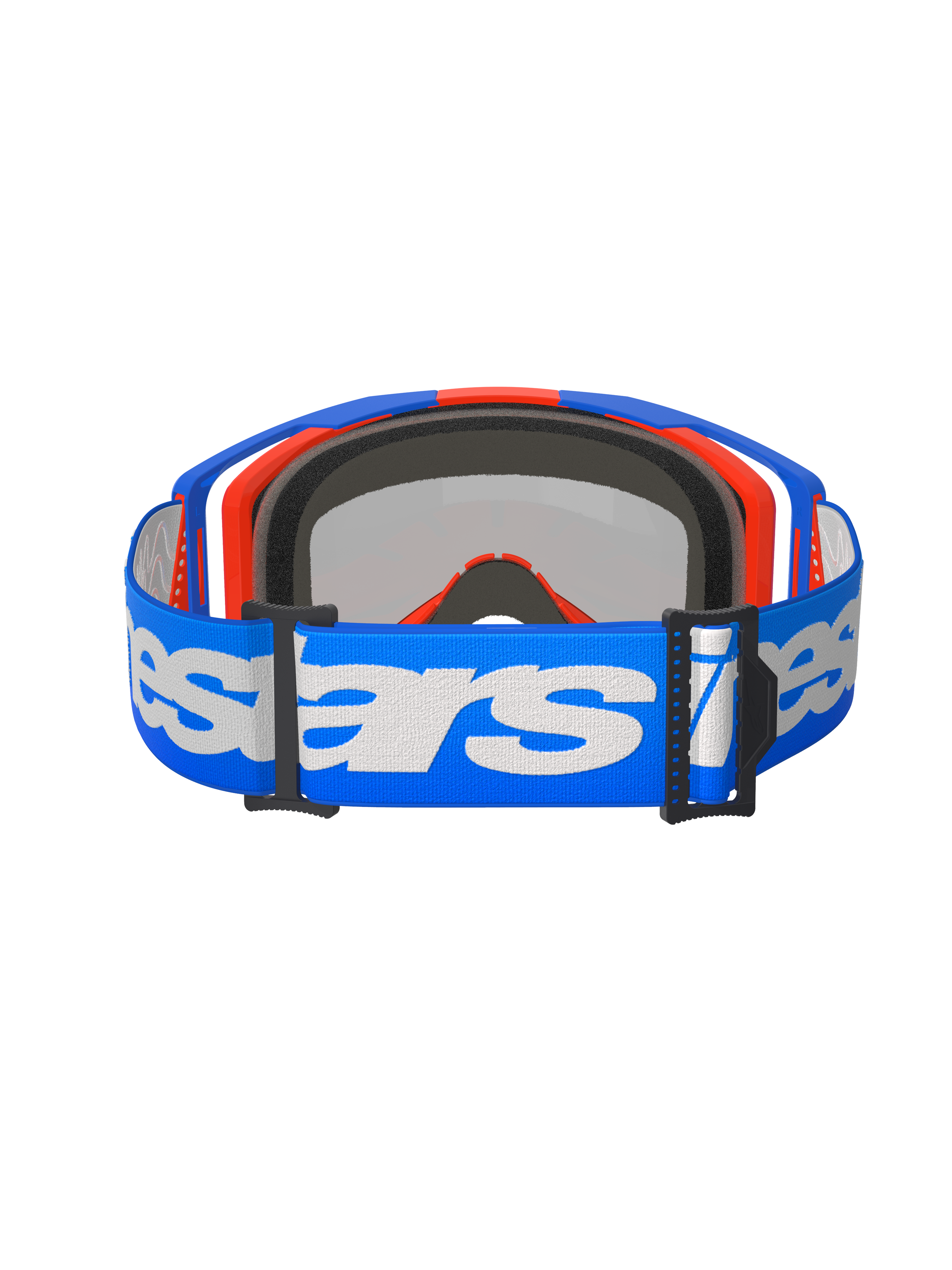 Alpinestars Vision 8 Wordmark Goggles, lunettes de motocross, bleu orange miroir rouge, vue arrière montrant une sangle tissée bleue avec logo Alpinestars blanc, mousse faciale interne moulée en 3D et boucles de réglage noires