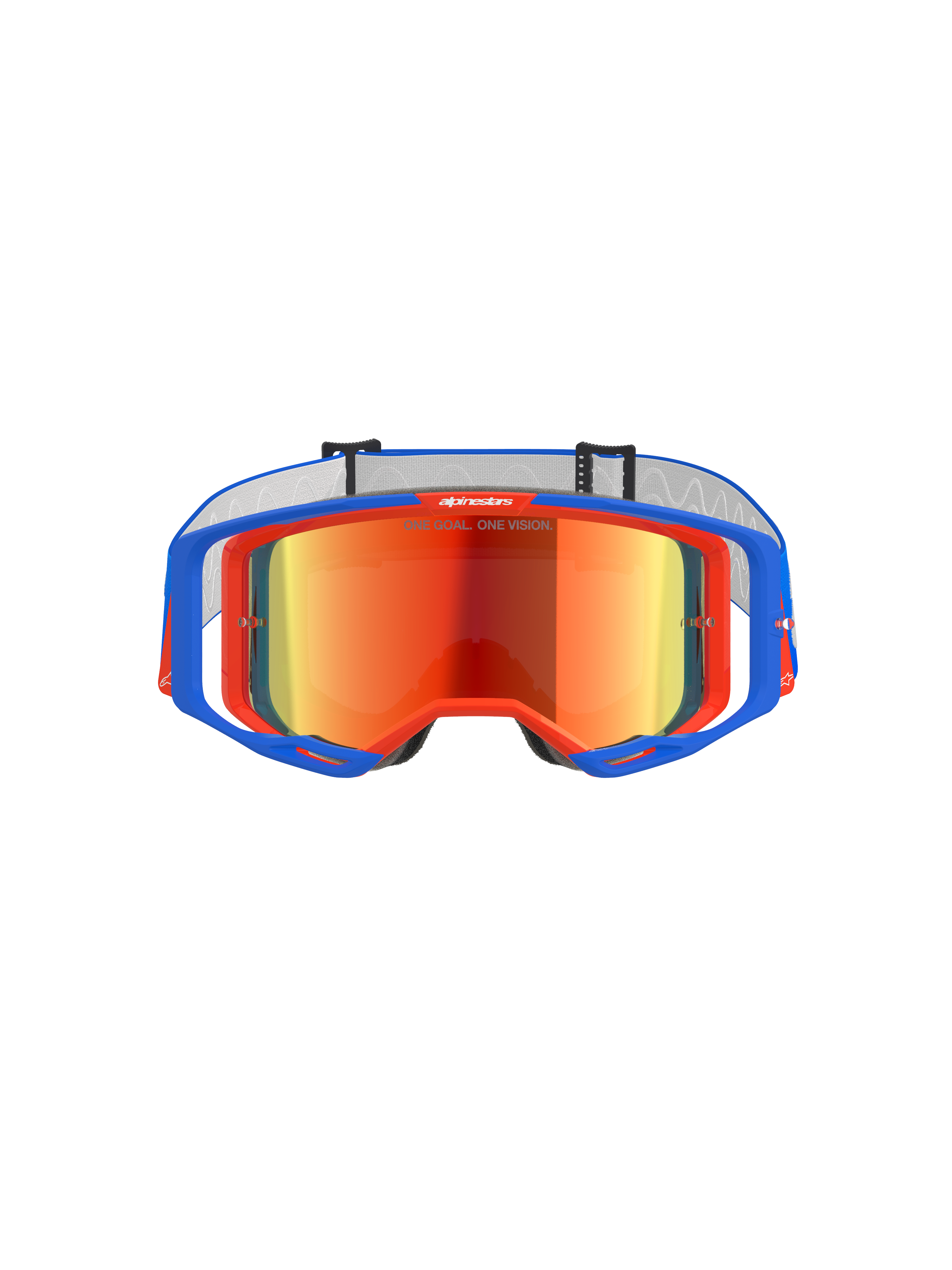Masque Alpinestars Vision 8 Wordmark, masque de motocross, bleu et orange avec écran miroir rouge, doté d'un large champ de vision et d'une monture A-FLEX haute performance pour la course tout-terrain.