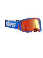Masque Alpinestars Vision 8 Wordmark, masque de motocross, monture bleue et orange avec écran miroir rouge, bandeau bleu avec grand marquage Alpinestars blanc, lunettes de protection haute performance pour la course tout-terrain