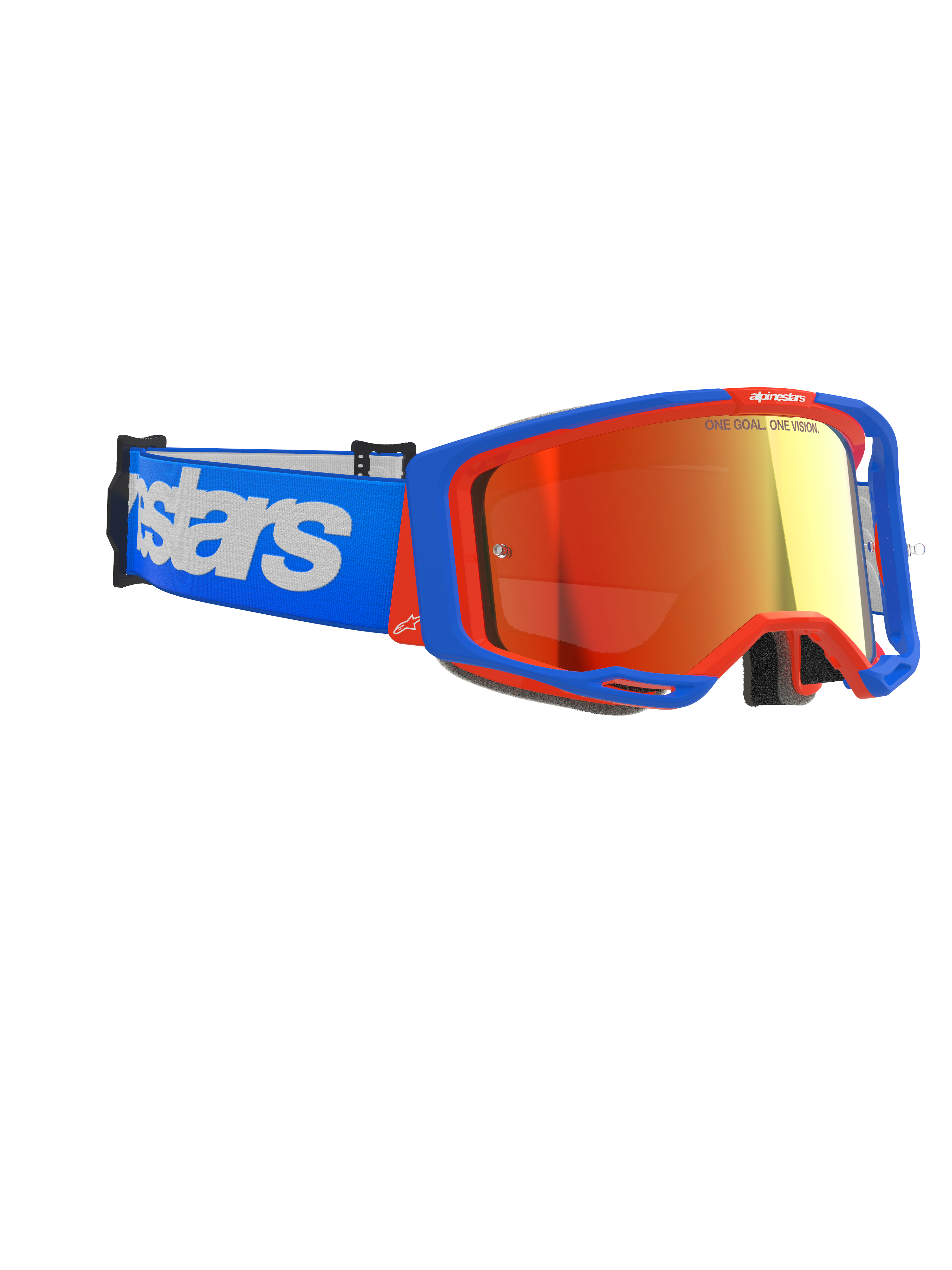 Masque Alpinestars Vision 8 Wordmark, masque de motocross, monture bleue et orange avec écran miroir rouge, bandeau bleu avec grand marquage Alpinestars blanc, lunettes de protection haute performance pour la course tout-terrain