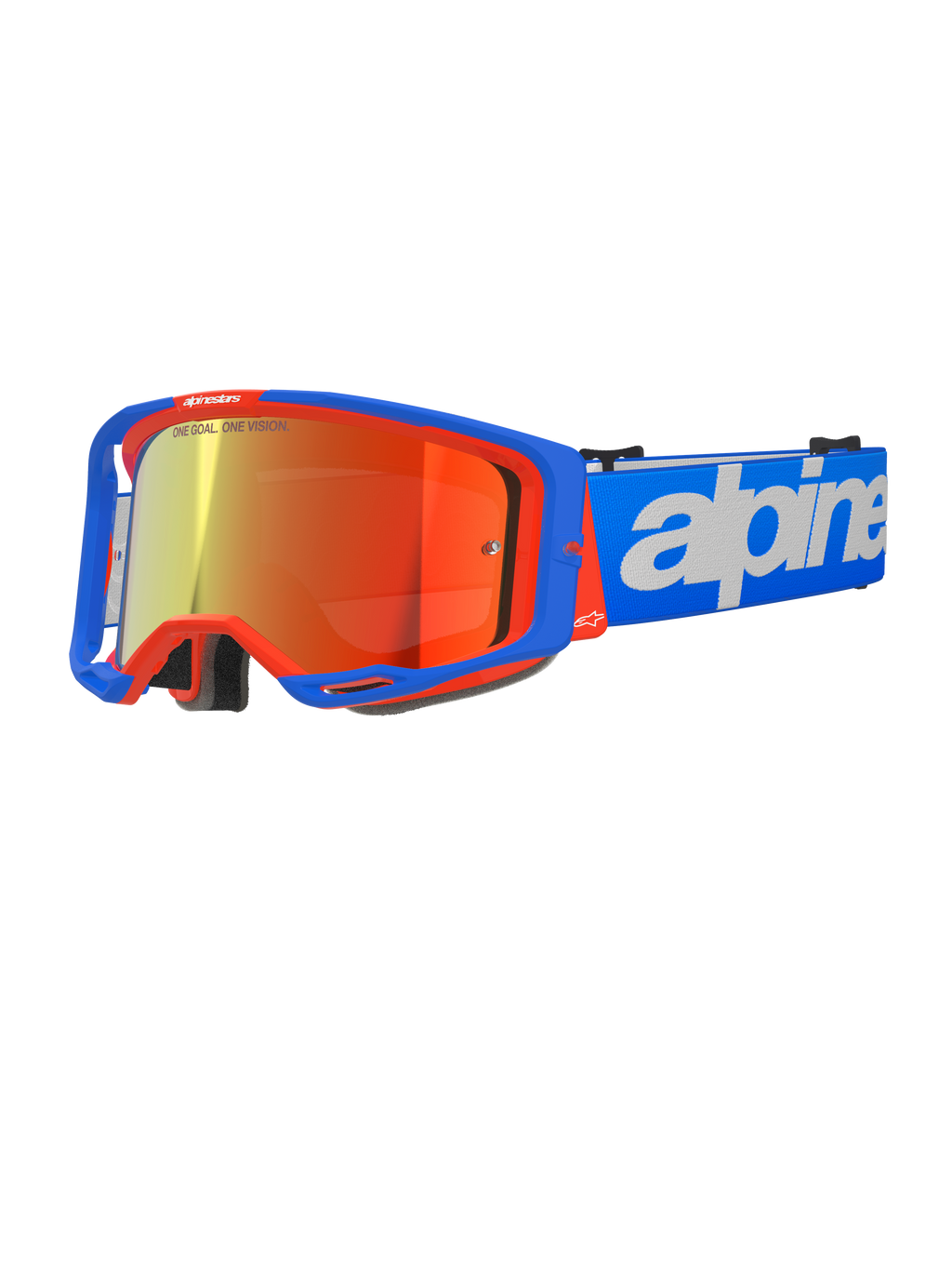Masque Alpinestars Vision 8 Wordmark, masque de motocross, bleu et orange avec écran rouge réfléchissant, large champ de vision, sangle réglable bleue avec logo blanc, rembourrage en mousse et ventilation pour le pilotage tout-terrain