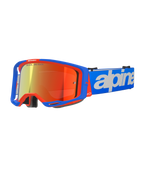 Masque Alpinestars Vision 8 Wordmark, masque de motocross, bleu et orange avec écran rouge réfléchissant, large champ de vision, sangle réglable bleue avec logo blanc, rembourrage en mousse et ventilation pour le pilotage tout-terrain