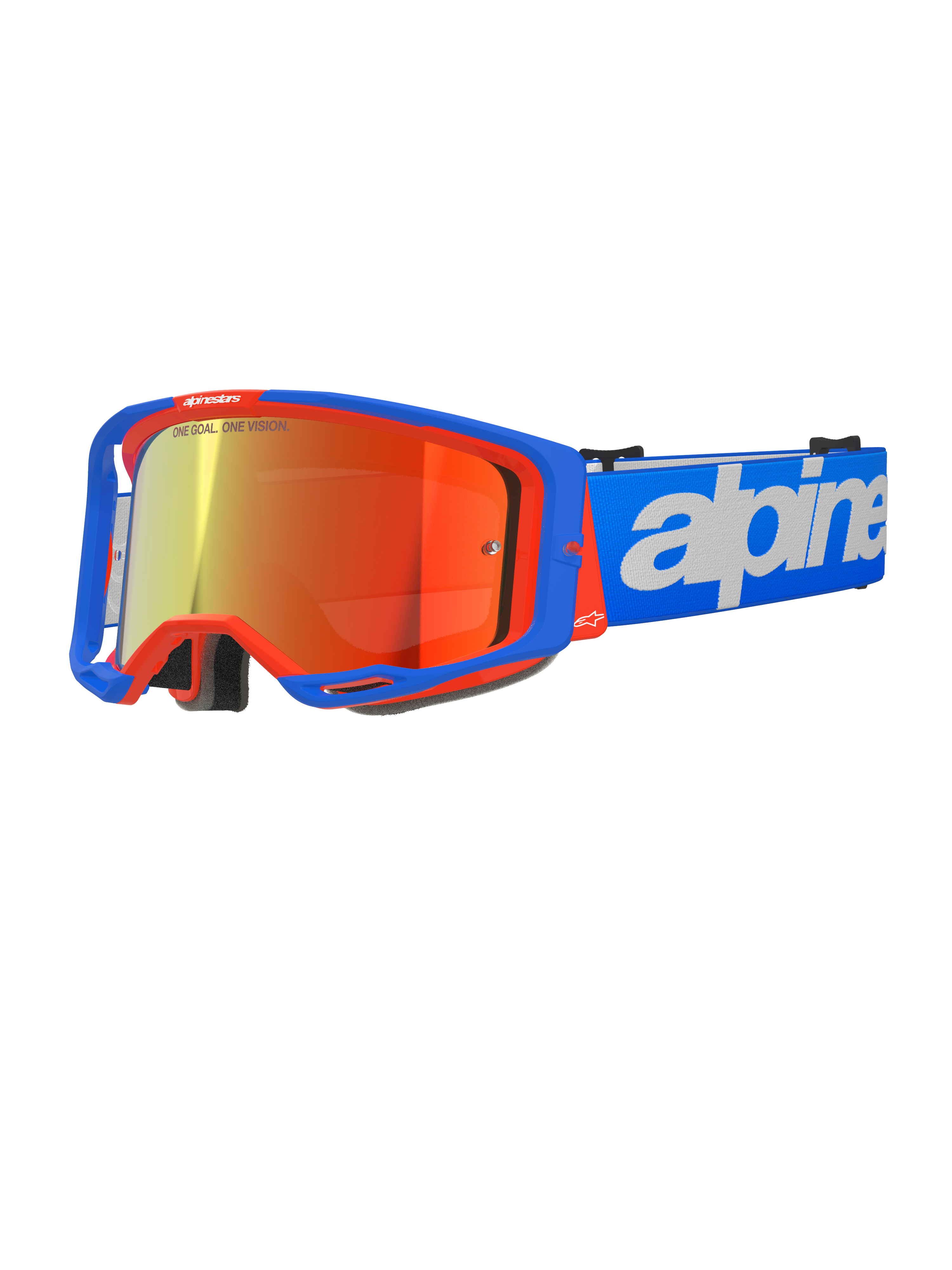 Alpinestars Vision 8 Wordmark Goggles, Motocross-Brille, Blau und Orange mit roter verspiegelter Linse, weites Sichtfeld, verstellbares blaues Band mit markantem weißem Schriftzug, Schaumstoffpolsterung und Belüftung für Offroad-Fahrten