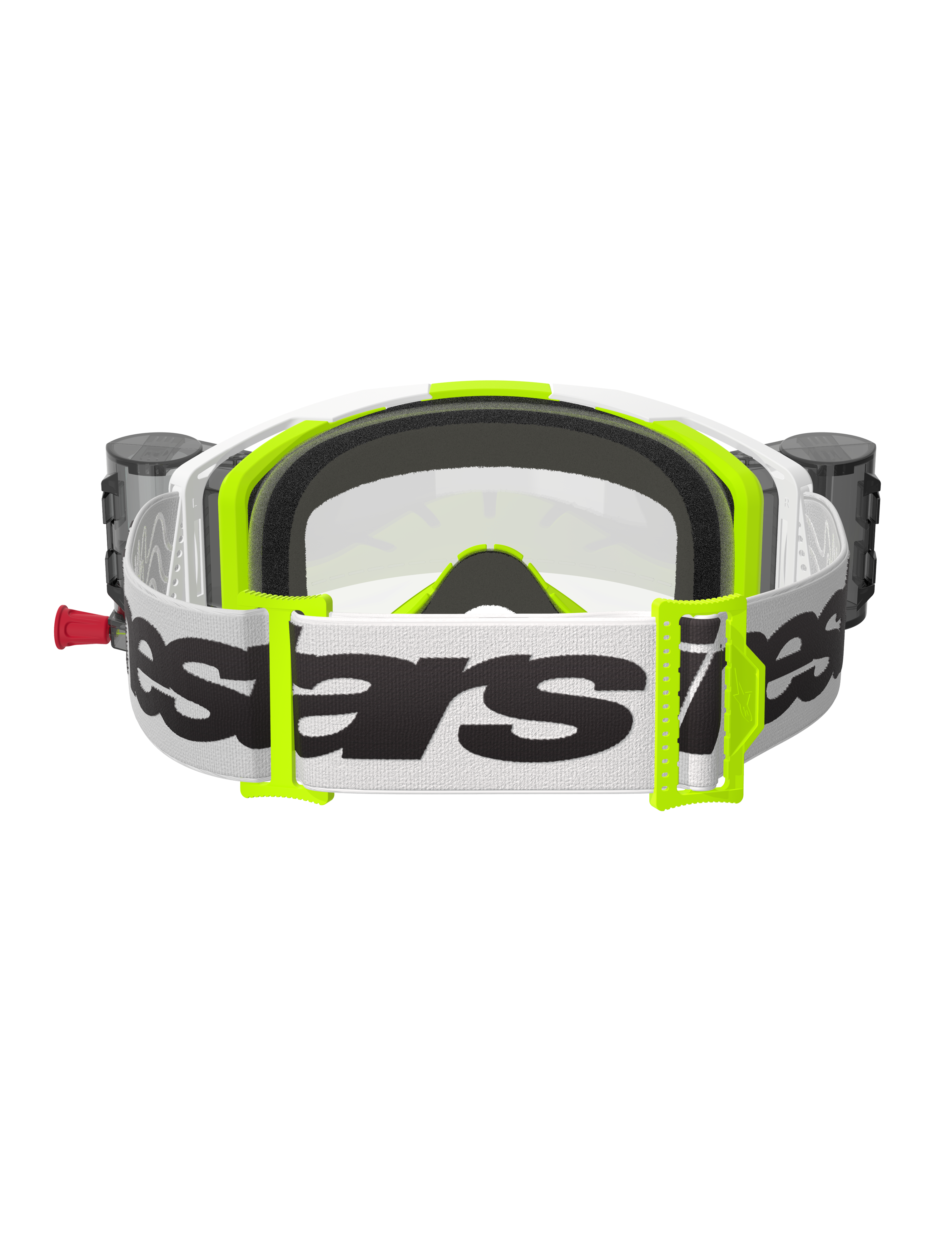 Alpinestars Vision 8 Wordmark Goggles, Rear View, White and Yellow Fluo, featuring integrated Roll-Off system with canisters, wide white woven strap with black Alpinestars logo, 3D molded face foam and clear lens