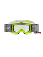 Alpinestars Vision 8 Wordmark Roll-Off Schutzbrille, Rahmen in Weiß und Fluoreszierendem Gelb, klare Scheibe mit integrierten Roll-Off-System-Behältern, weißes gewebtes Brillenband, mit „ONE GOAL. ONE VISION.“ Branding, professioneller Motocross-Augenschutz