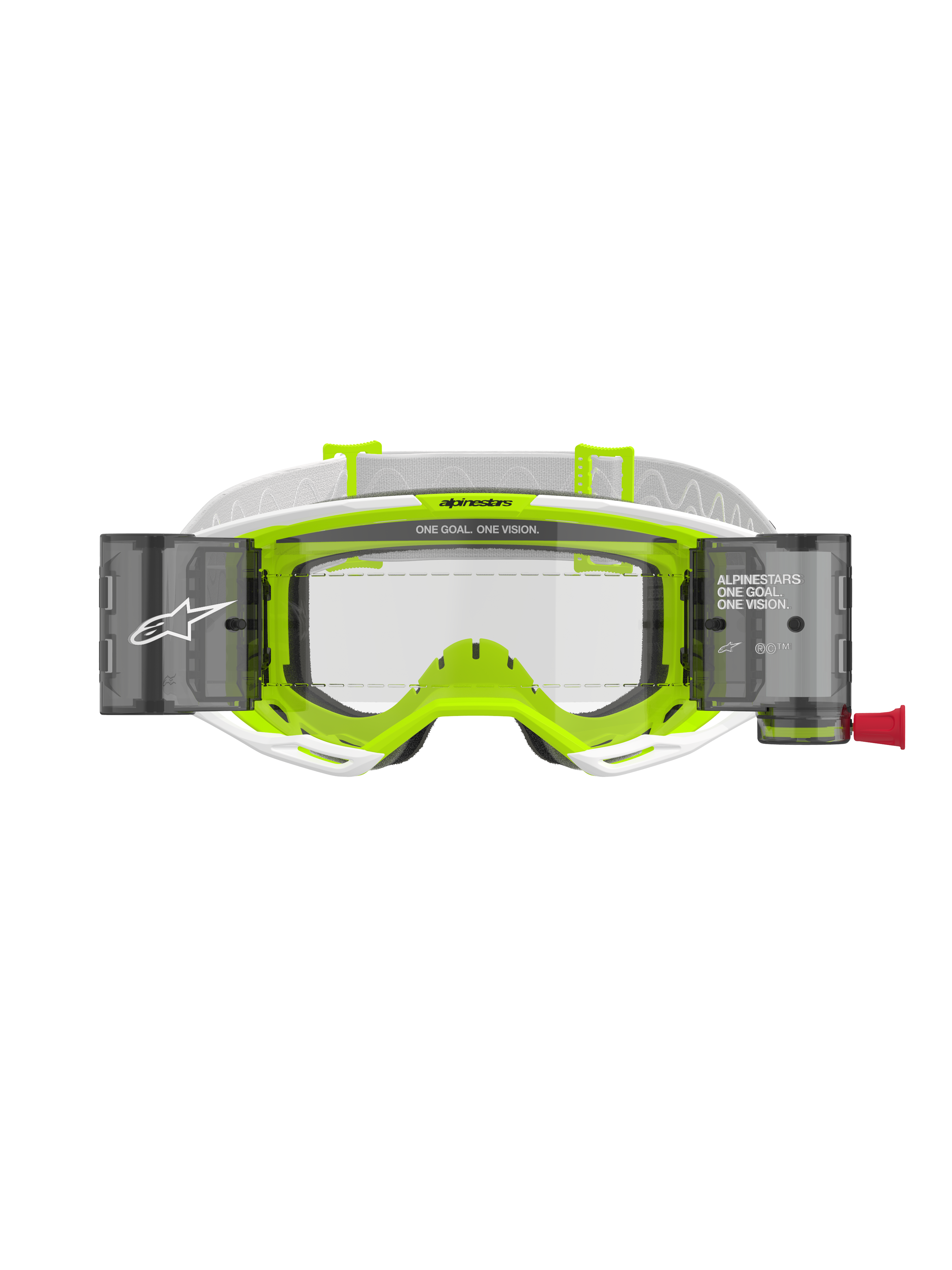 Alpinestars Vision 8 Wordmark Roll-Off Schutzbrille, Rahmen in Weiß und Fluoreszierendem Gelb, klare Scheibe mit integrierten Roll-Off-System-Behältern, weißes gewebtes Brillenband, mit „ONE GOAL. ONE VISION.“ Branding, professioneller Motocross-Augenschutz