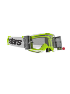 Alpinestars Vision 8 Wordmark Roll-Off Brille, Motocross-Brille, Rahmen in Weiß und fluoreszierendem Gelb, klare Linse mit integrierten Roll-Off-Behältern, weißes gewebtes Brillenband mit markantem schwarzem Branding, Hochleistungs-Offroad-Brille.