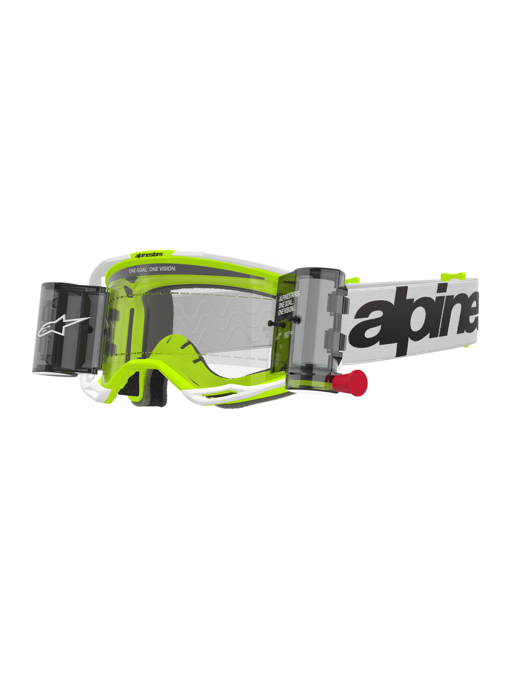 Alpinestars Vision 8 Wordmark Roll-Off Brille, Motocross-Brille, Weiß und Neongelb, klare Linse mit Roll-Off-System, weißes Band mit schwarzem Alpinestars-Schriftzug, rote Zuglasche, professioneller Augenschutz für den Offroad-Rennsport