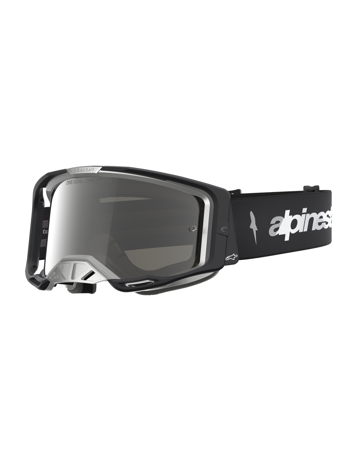 Alpinestars Vision 8 Amber Spiegel veiligheidsbril, motorcrossbril in zwart en zilver met een flexibel A-FLEX frame, spiegelende lens en RAM-AIR ventilatie voor off-road racing.