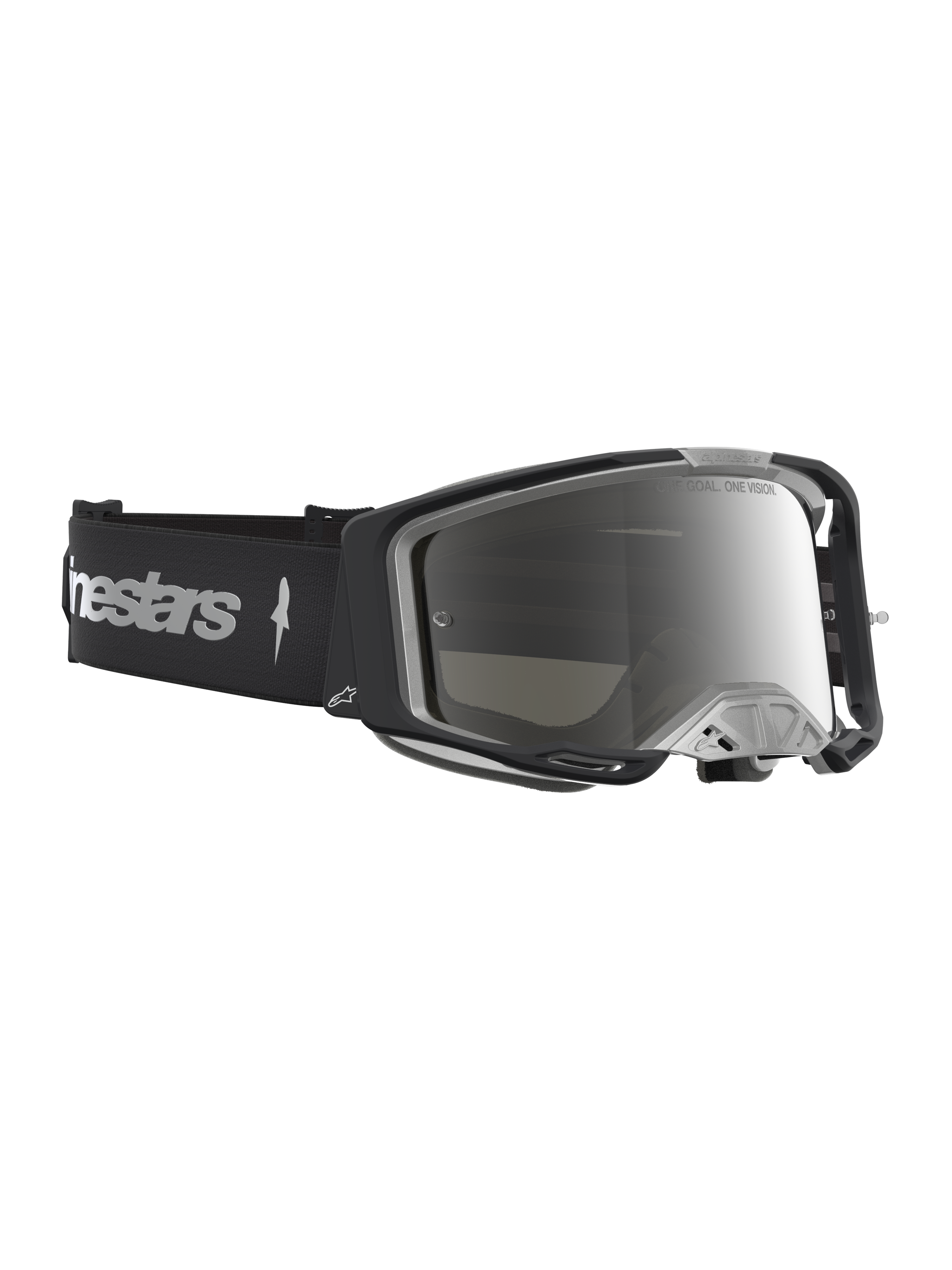 Alpinestars Vision 8 Amber Spiegel Veiligheidsbril, motocrossbril met zwart-zilver A-FLEX-frame en anti-condens lens.