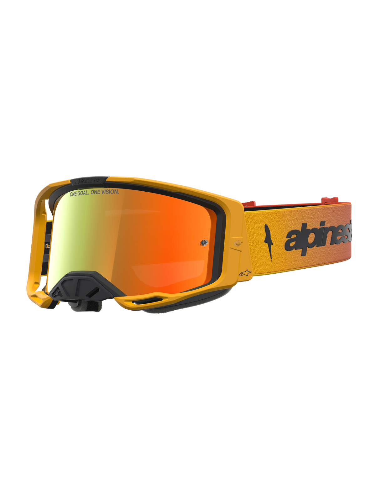 Alpinestars Vision 8 Amber Mirror Goggles for Motocross, featuring a yellow and red frame with a Mirror Red lens.