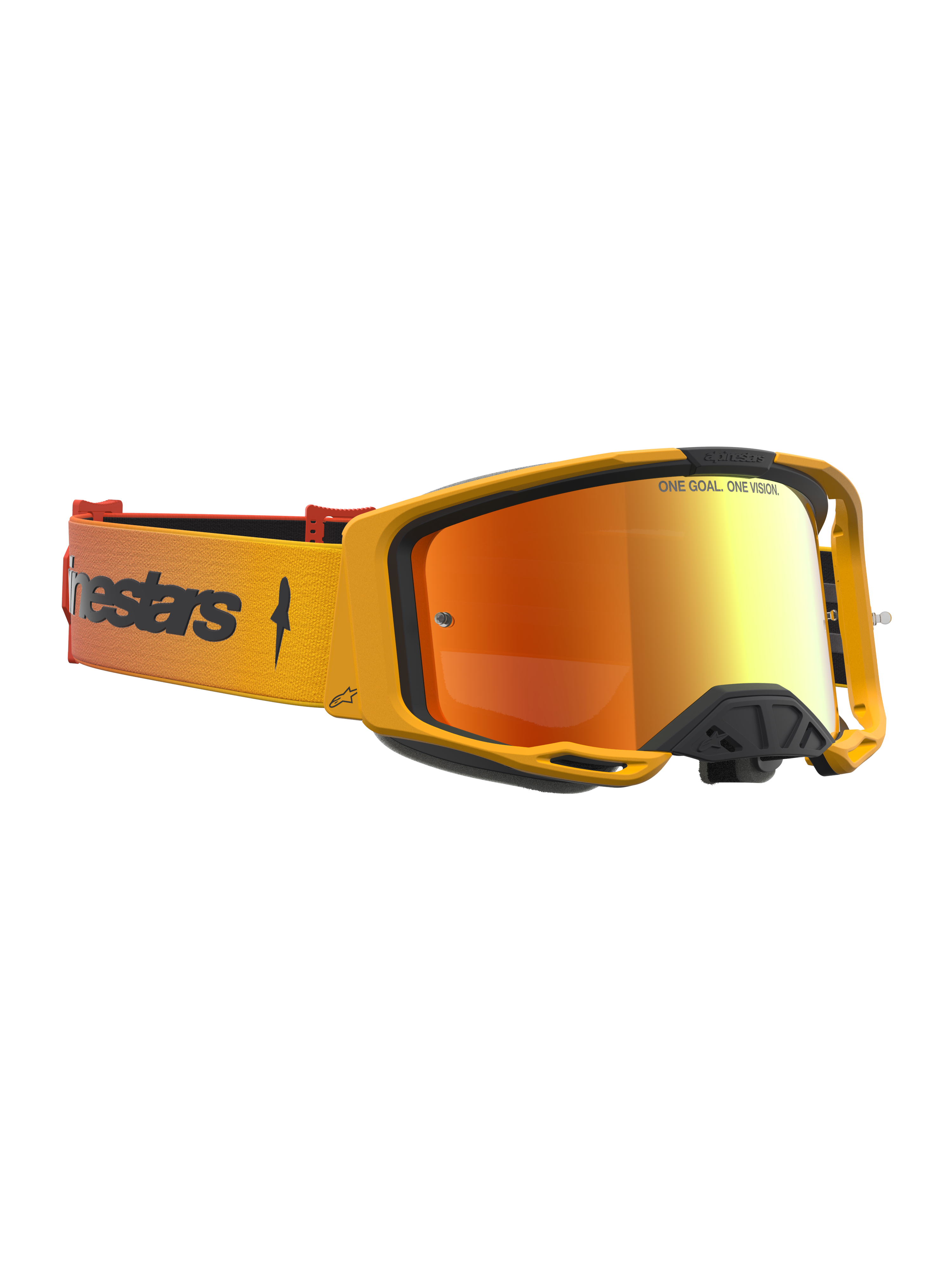 Alpinestars Vision 8 Amber Mirror Schutzbrille für Motocross, bernsteinfarbener Rahmen und rotes Antibeschlag-Spiegelglas.