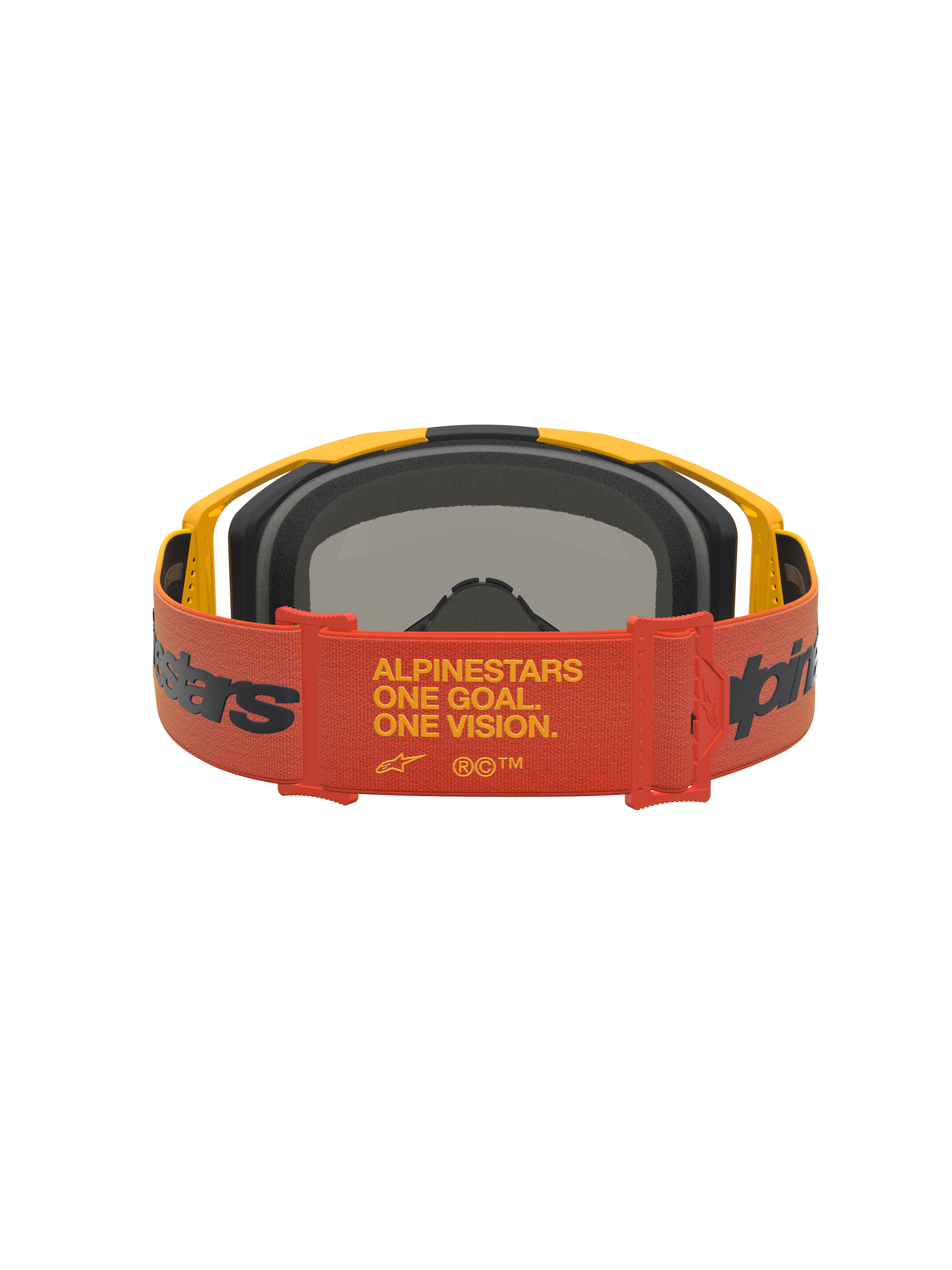 Alpinestars Vision 8 Schutzbrille Amber Mirror, Motocross Schutzbrille in Rot und Schwarz, Rückansicht mit One Goal One Vision Band für Offroad-Rennsport.