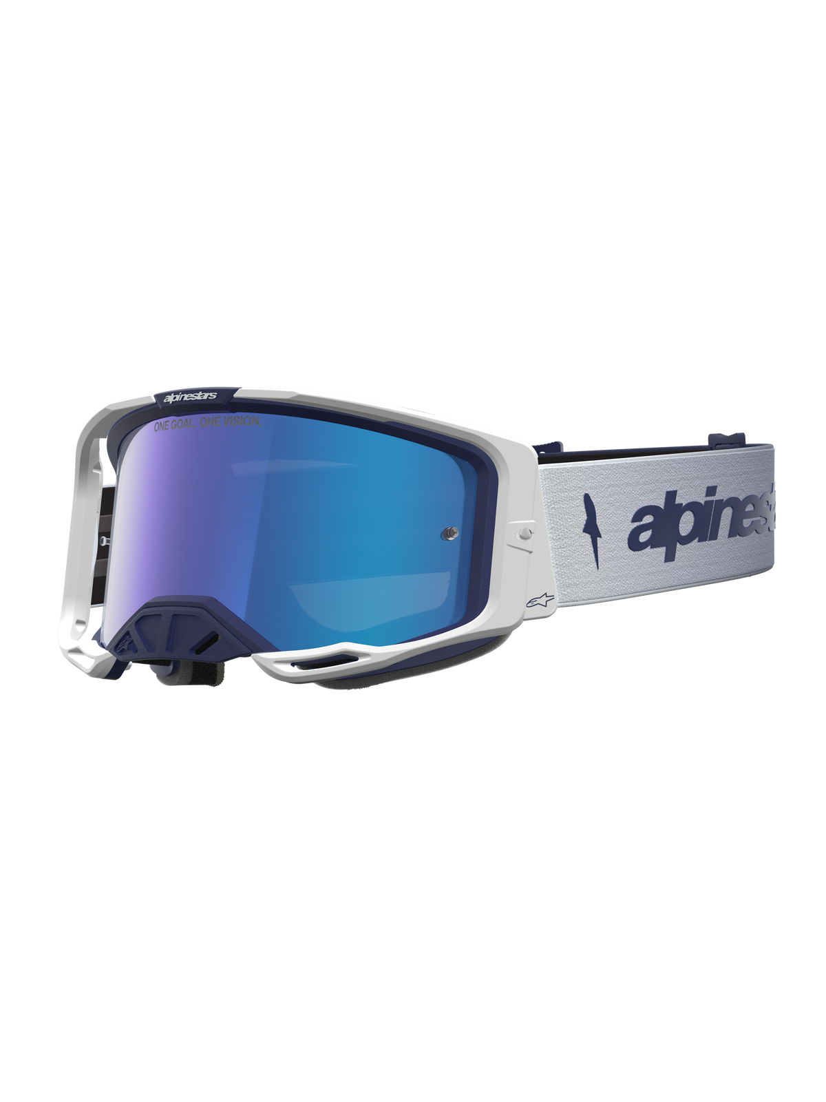 Alpinestars Vision 8 Amber Mirror motorcrossbril, professionele racing veiligheidsbril, donkerblauw en wit met blauwe spiegellens, A-FLEX frame en RAM-AIR ventilatie