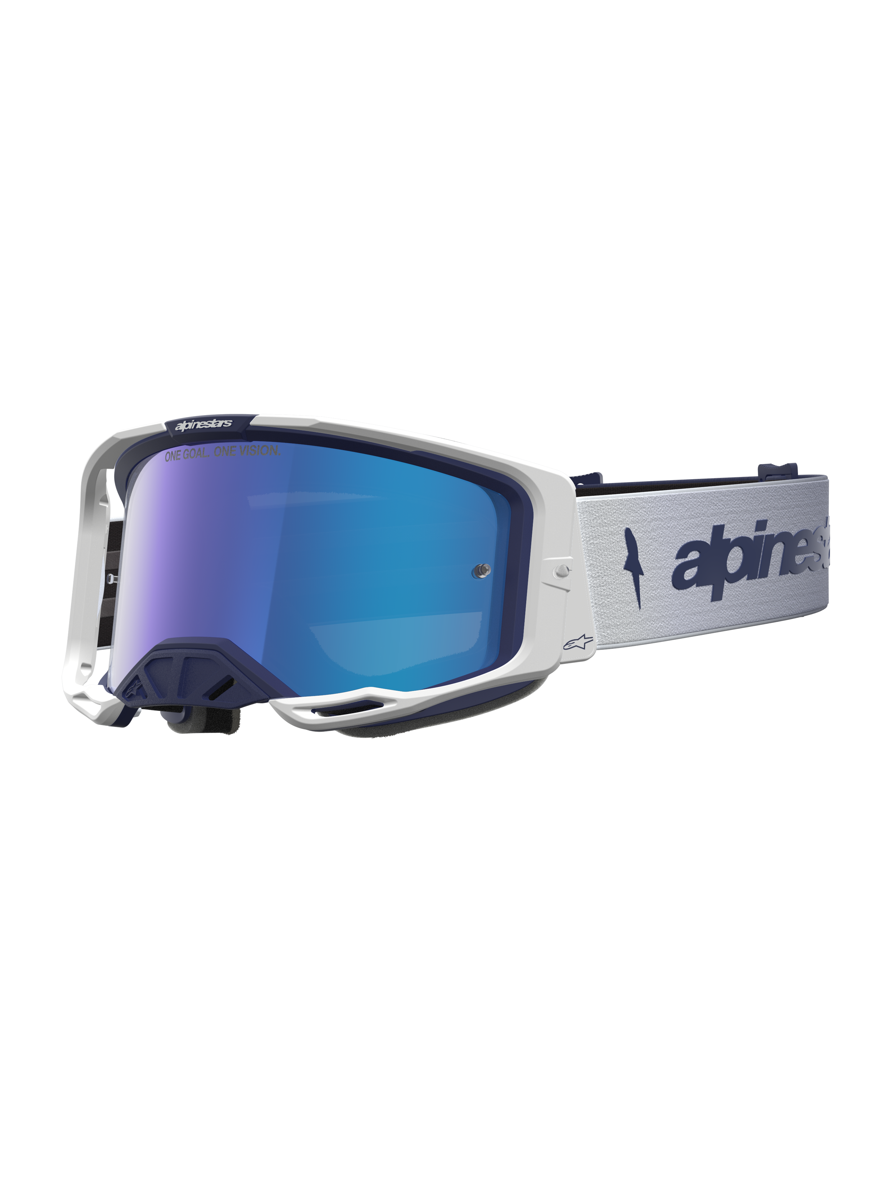 Alpinestars Vision 8 Schutzbrille Amber Mirror, Motocross-Schutzbrille, Dunkelblau und Weiß, mit blau verspiegelter Scheibe, A-FLEX-Rahmen und RAM-AIR-Belüftungssystem.