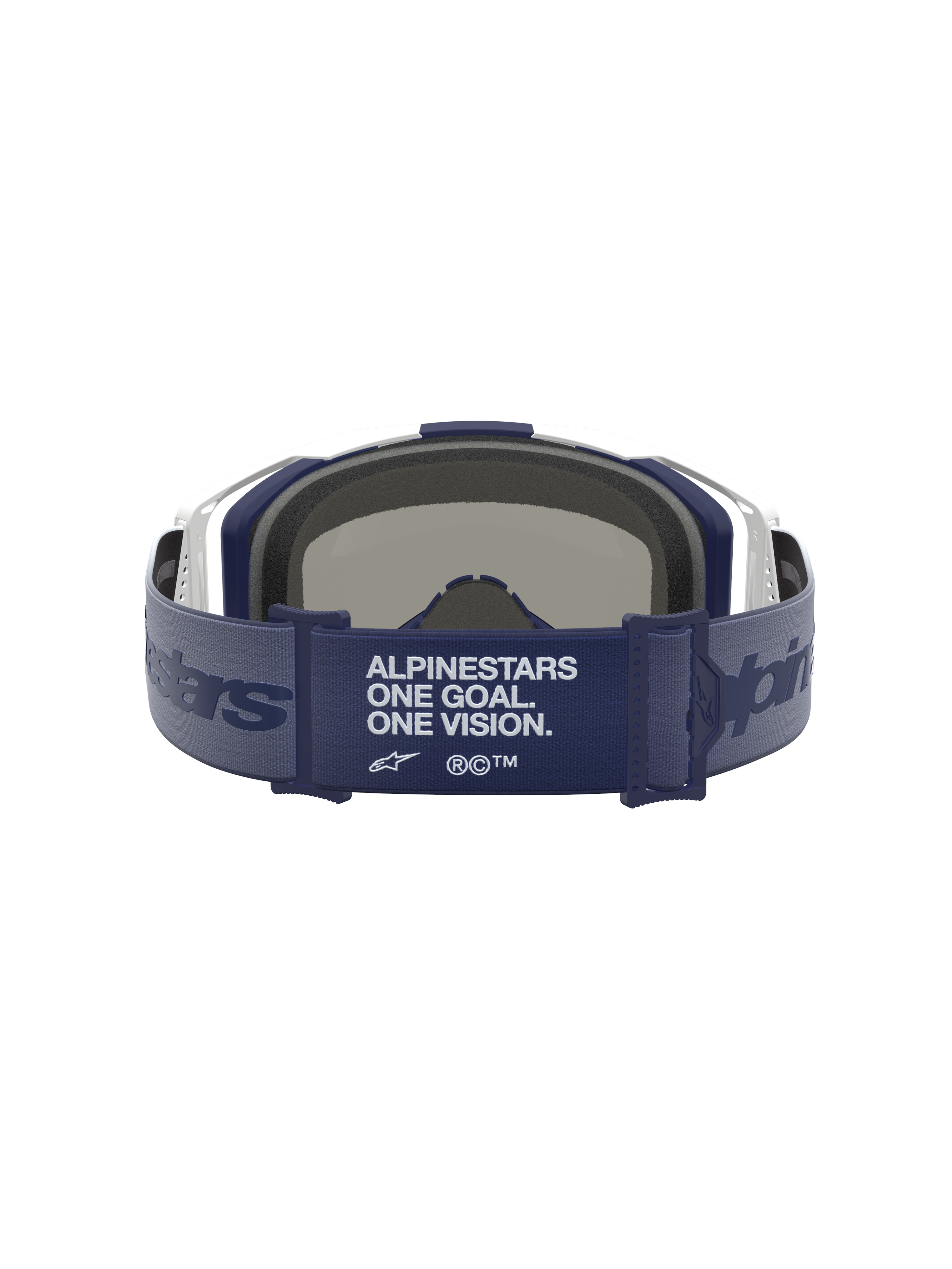 Alpinestars Vision 8 Schutzbrille Amber Mirror, Rückansicht mit blauem Band, Markenmotto, weißer Rahmen, 3D-Gesichtsschaum.