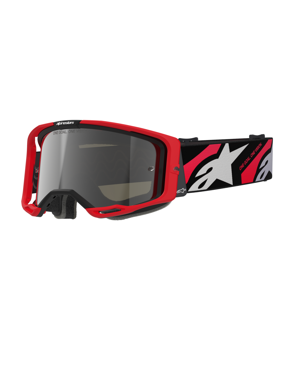 Alpinestars Vision 8 Luar Goggles, Motocross Off-Road Goggles, Red and Black Frame, Silver Mirror Lens, Wide adjustable strap featuring white star logo and 'One Goal. One Vision.' text, performance design for dirt bike racing