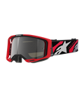 Alpinestars Vision 8 Luar Goggles, Motocross Off-Road Goggles, Red and Black Frame, Silver Mirror Lens, Wide adjustable strap featuring white star logo and 'One Goal. One Vision.' text, performance design for dirt bike racing