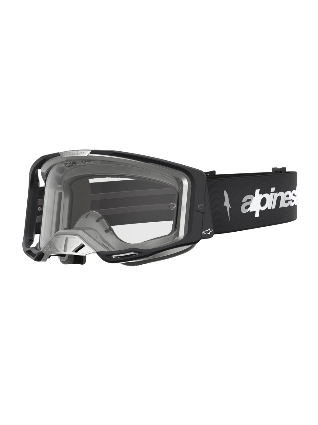 Alpinestars Vision 8 Amber veiligheidsbril, zwart en zilver, transparante lens, RAM-AIR ventilatie voor motorcross.