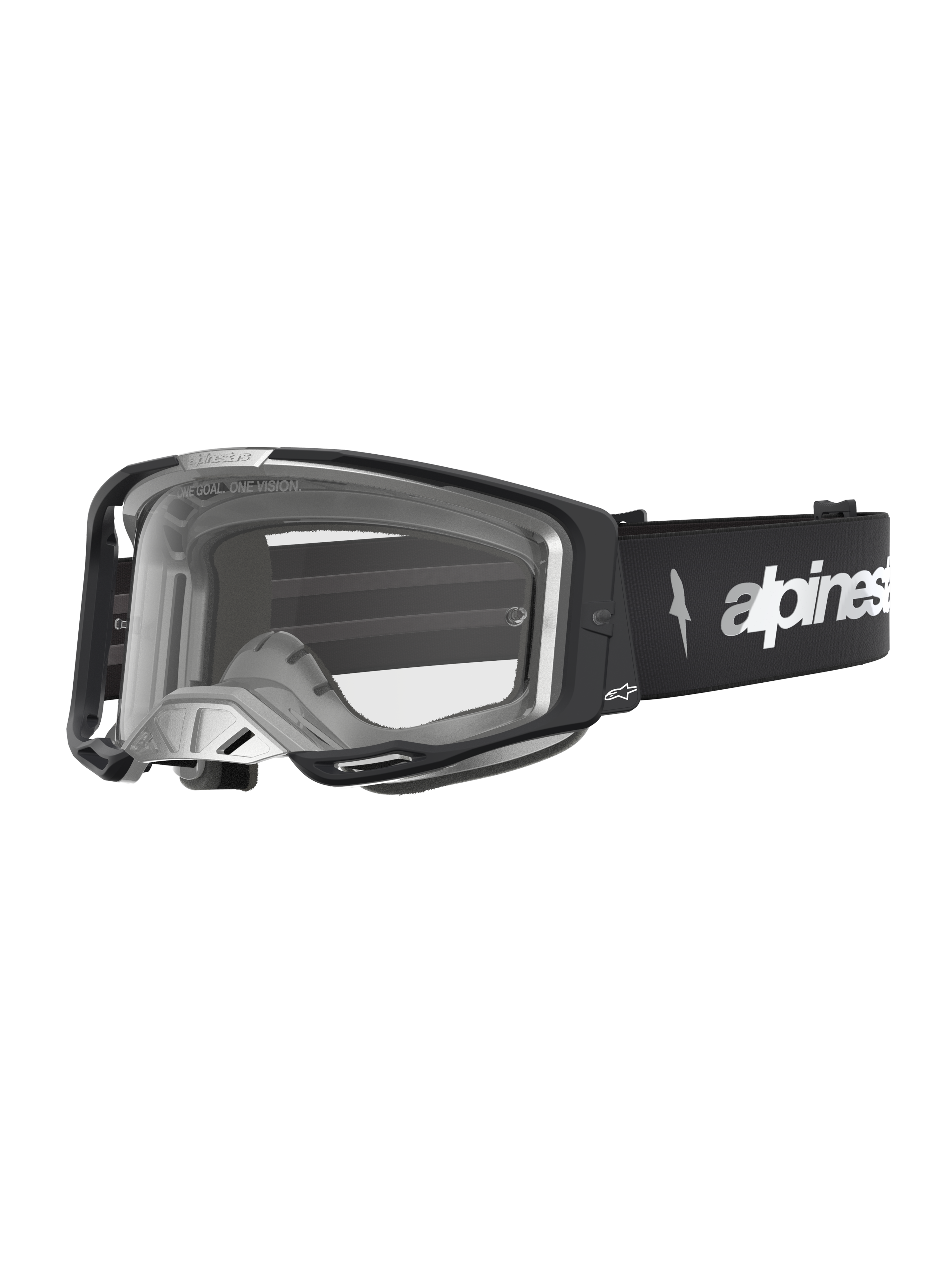 Alpinestars Vision 8 Amber, masque de motocross noir et argenté, lentille claire avec système de ventilation RAM-AIR.
