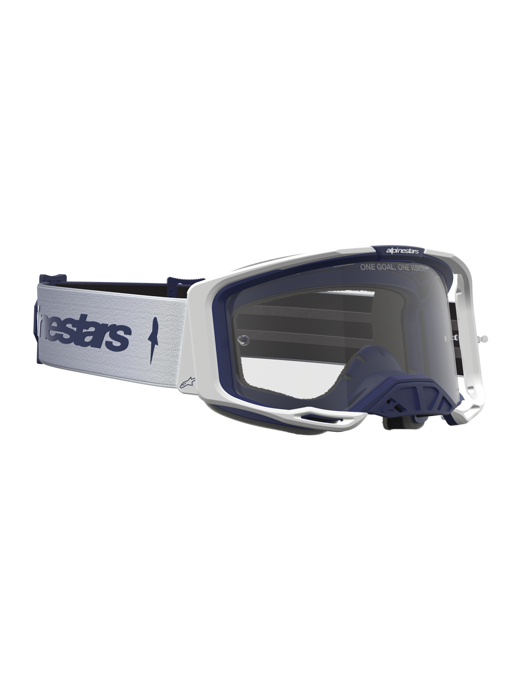 Alpinestars Vision 8 Amber Goggles in white and navy blue, featuring a clear lens and A-FLEX frame for motocross racing.