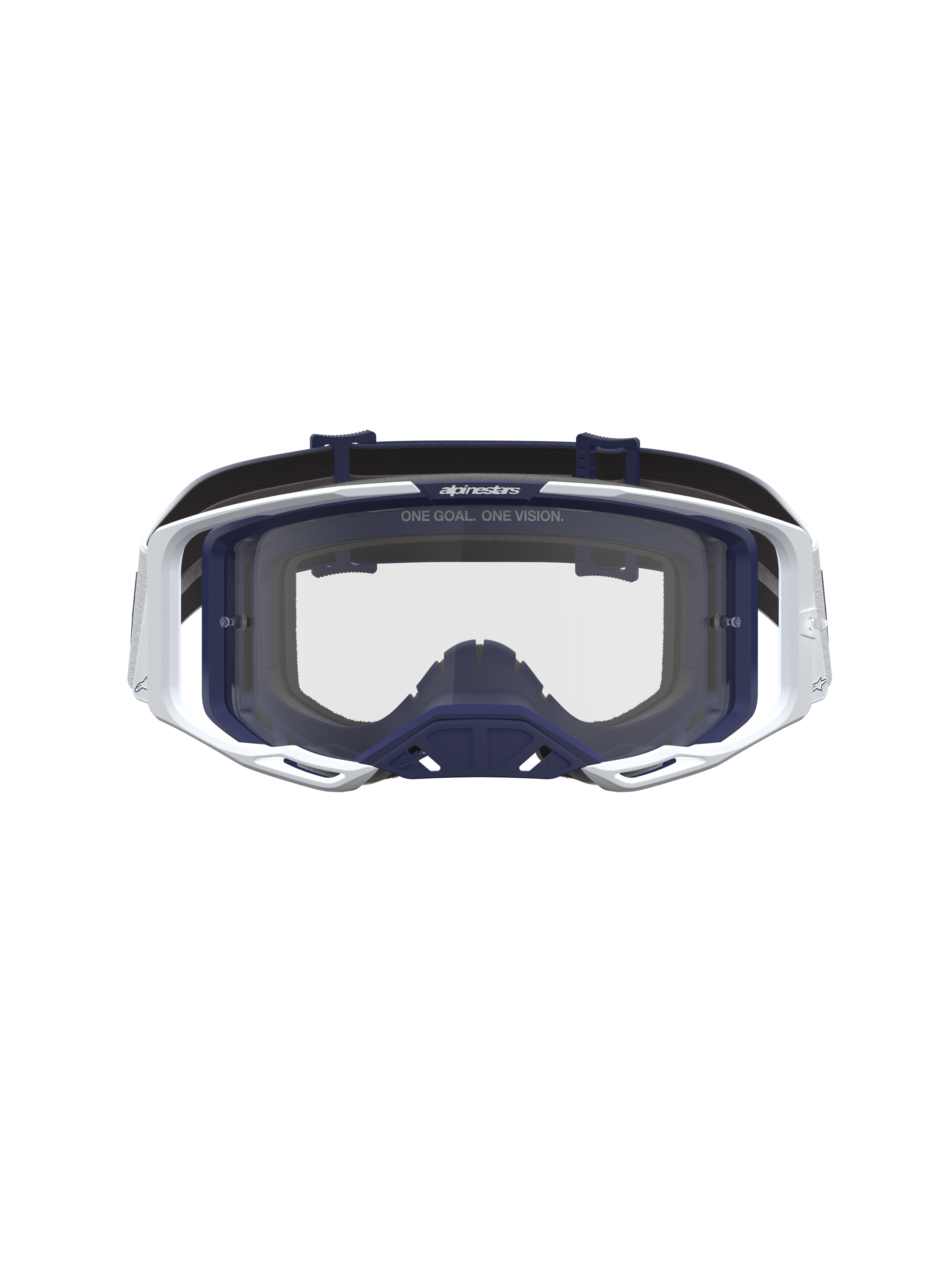 Alpinestars Vision 8 Amber Goggles, Unisex Motocross eyewear in white and navy blue with clear lens and A-FLEX frame.