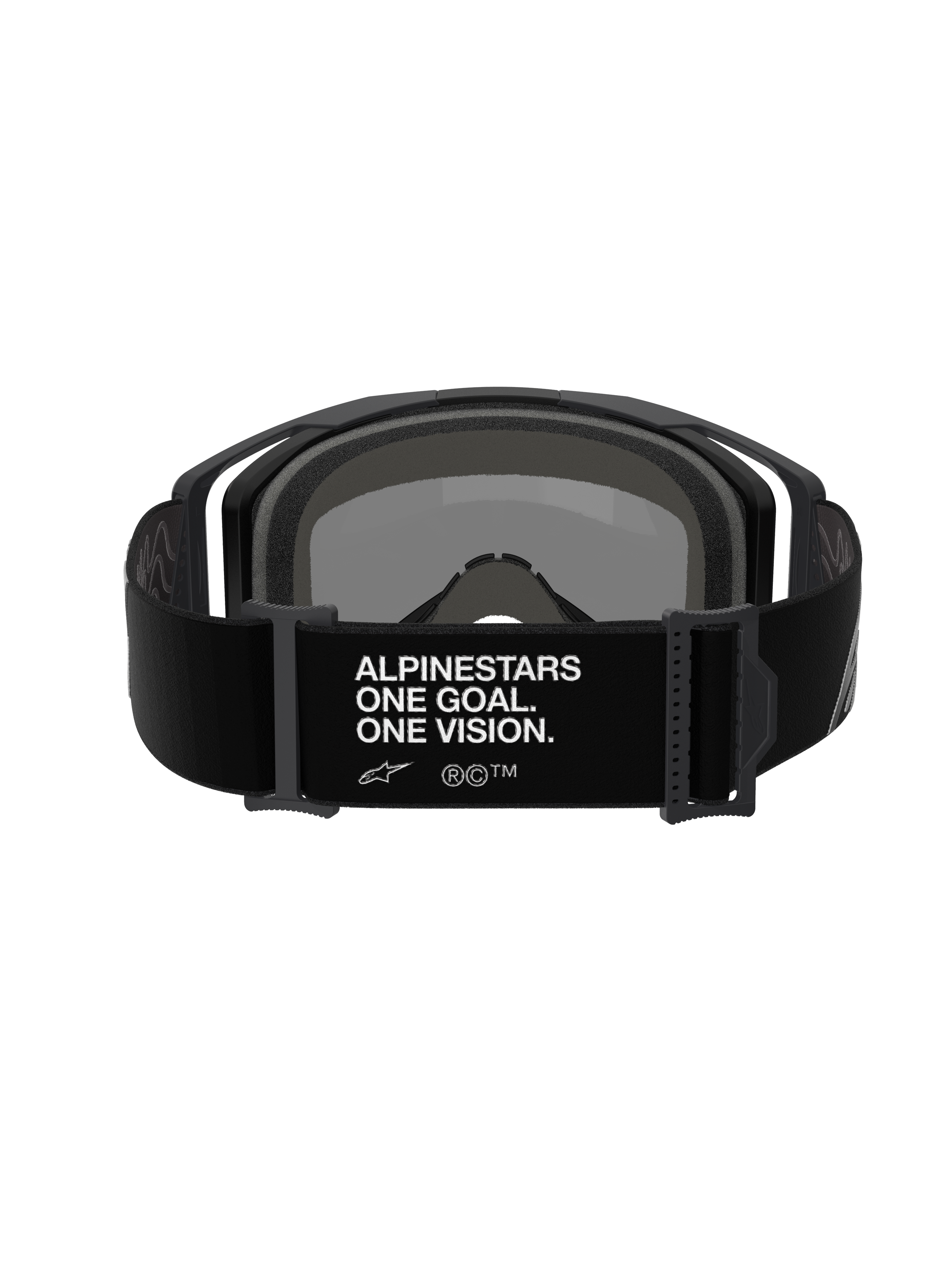 Alpinestars Vision 8 Corp Goggles, Motocross Goggles, Rear view of black adjustable strap with white 'ALPINESTARS ONE GOAL. ONE VISION.' branding, black frame and foam padding