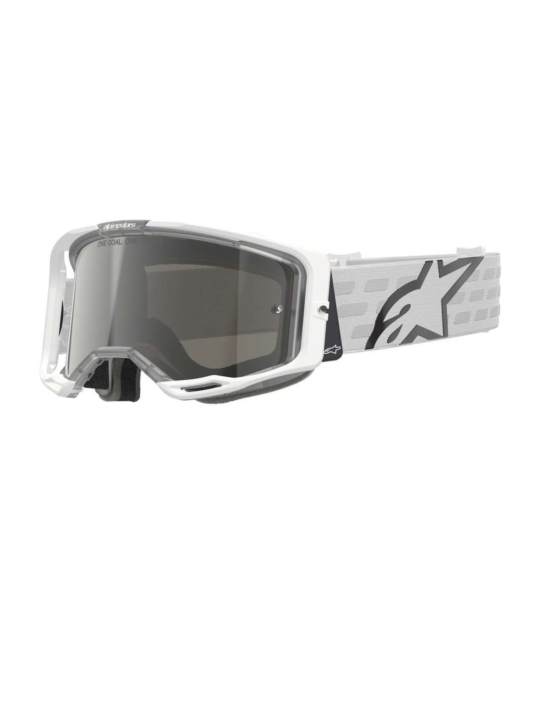 Alpinestars Vision 8 Corp Goggles, White Motocross Goggles, Silver Mirrored Lens, Gray and White Patterned Strap, Off-Road Racing Eyewear, Padded Comfort Lining, Modern Rectangular Frame