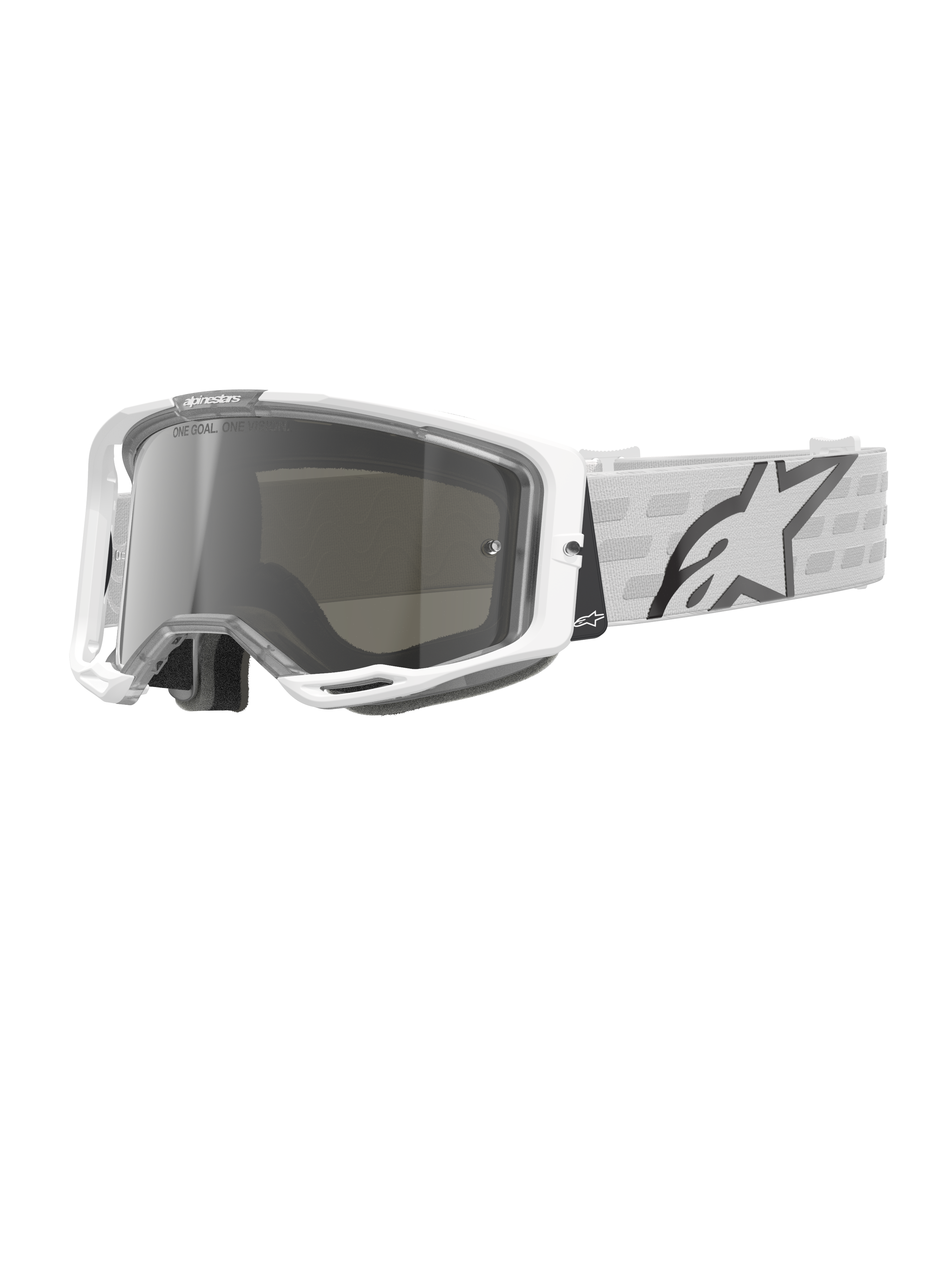 Alpinestars Vision 8 Corp Goggles, lunettes de motocross blanches, écran miroir argenté, sangle à motifs gris et blancs, lunettes de course tout-terrain, rembourrage intérieur confortable, monture rectangulaire moderne