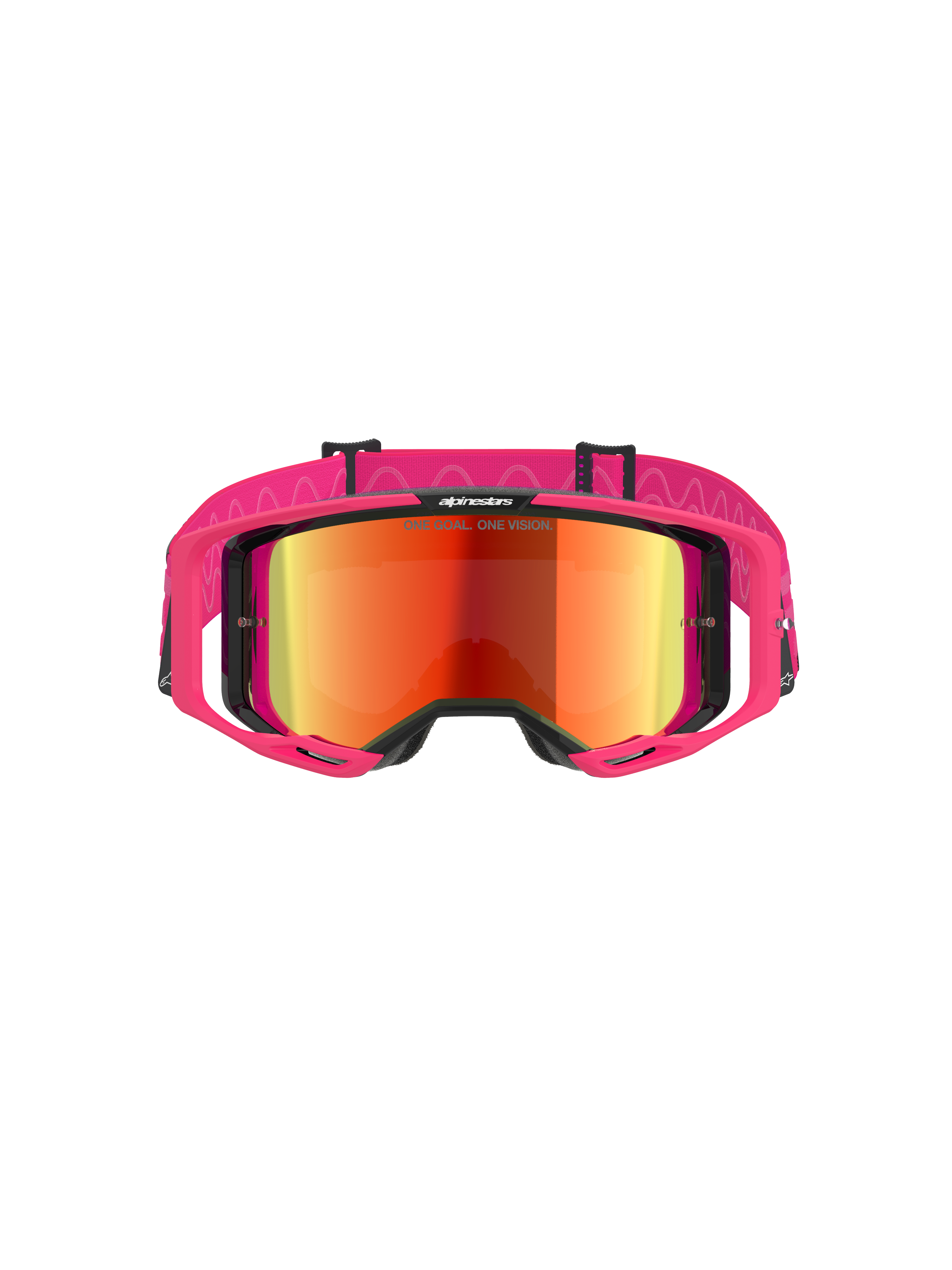 Alpinestars Vision 8 Corp Goggles, masque de motocross, monture rose avec écran rouge miroir, large bandeau rose avec motif silicone ondulé, cadre A-FLEX avec stabilisateurs, équipement de protection tout-terrain haute performance