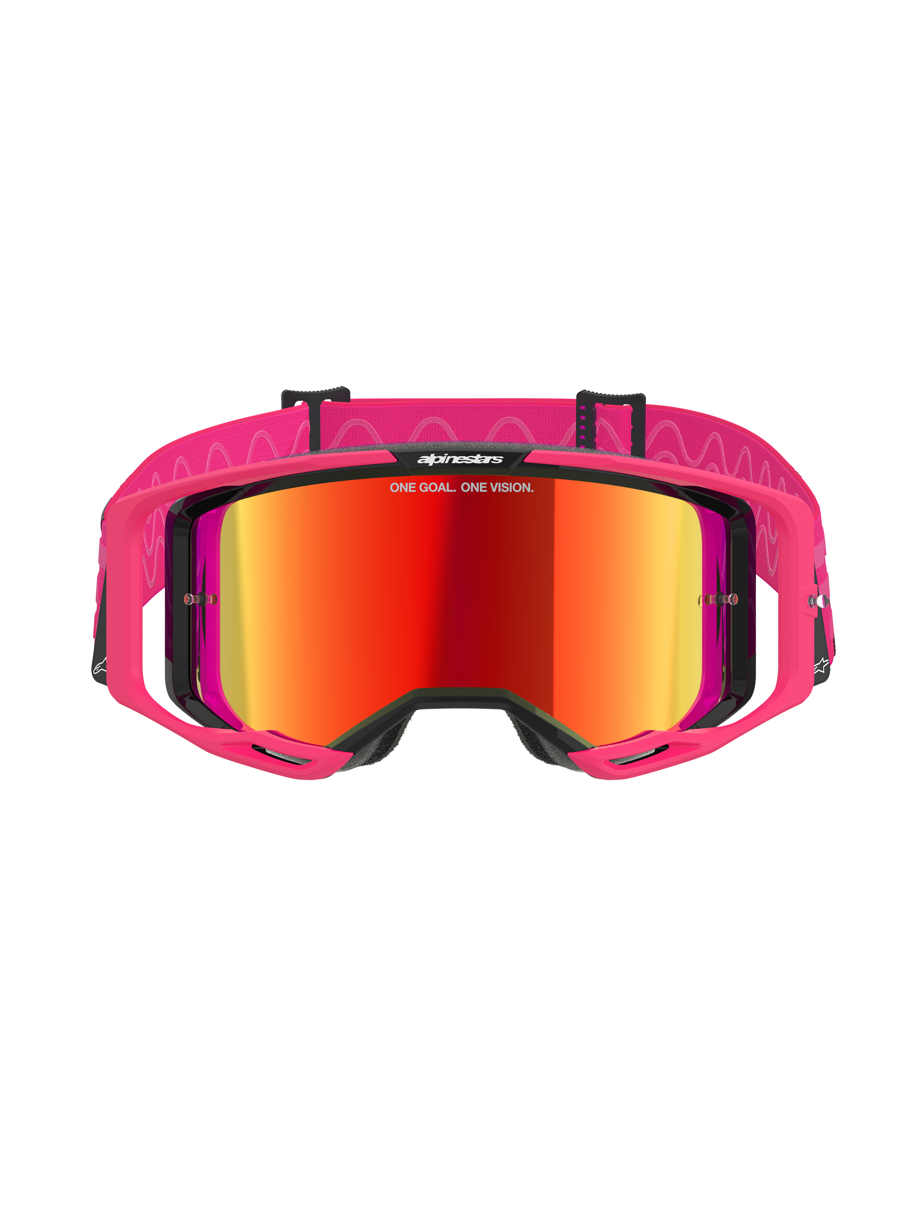Lunettes Alpinestars Vision 8 Corp, lunettes de motocross, rose miroir rouge, avec monture A-FLEX rose et écran miroir rouge, bandeau rose avec motifs ondulés blancs et logo, protection oculaire professionnelle pour le tout-terrain