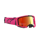 Masque Alpinestars Vision 8 Corp, masque de motocross, rose et rouge miroir, doté d'une monture rose vif et d'un bandeau large avec logo Alpinestars noir, écran rouge miroir antibuée, équipement de protection haute performance pour le tout-terrain