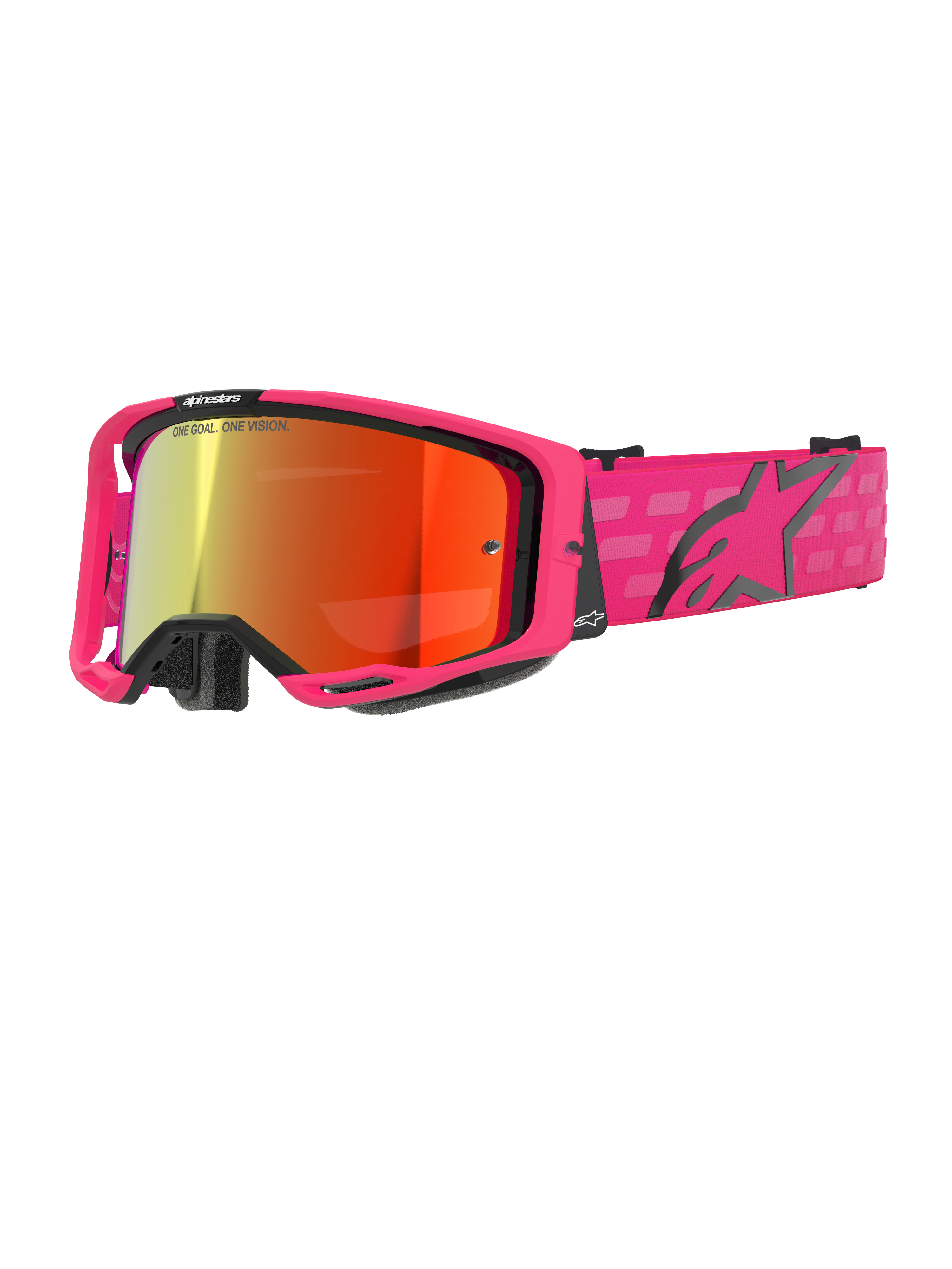 Alpinestars Vision 8 Corp crossbril, motorcrossbril, roze en gespiegeld rood, roze frame met zwarte accenten, verstelbare roze band met zwart logo en geblokt patroon, professionele off-road bril