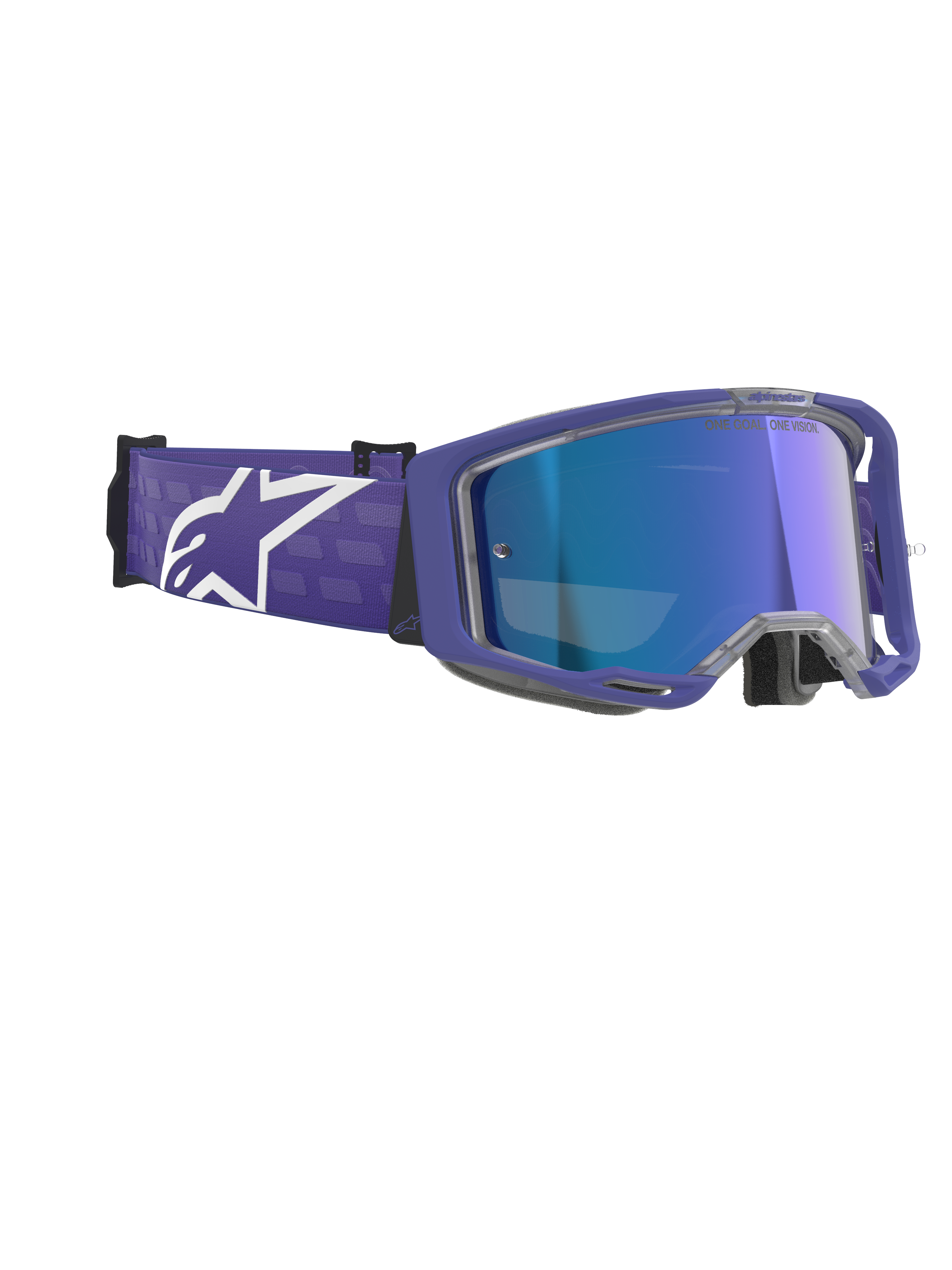 Alpinestars Vision 8 Corp Goggles, motocrossbril, Purple Mirror Blue, met een paars frame en een gespiegelde blauwe anti-condens lens, brede paarse band met opvallend wit Alpinestars-logo, hoogwaardige oogbescherming voor off-road racen